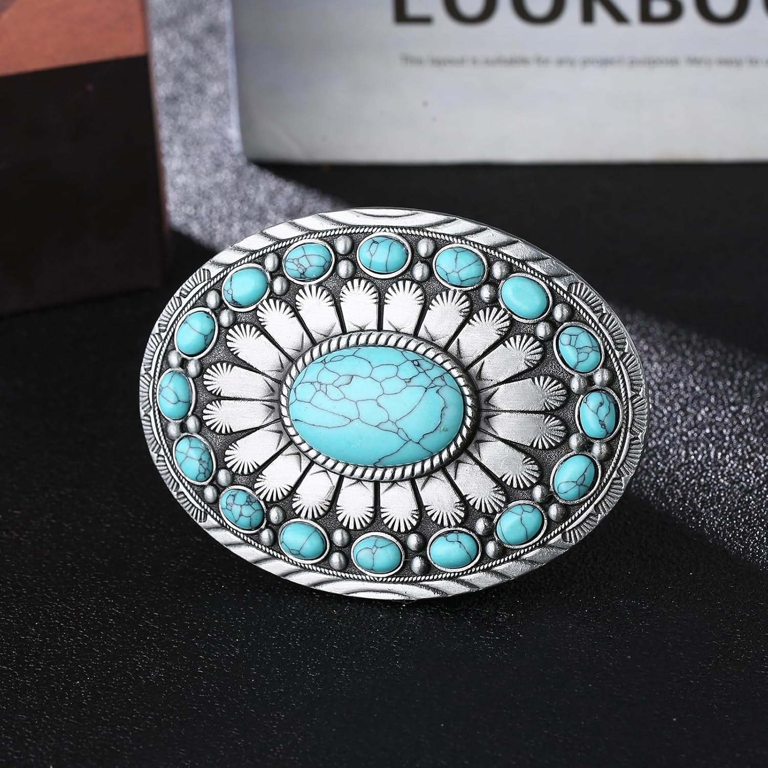 Men's Western Belt Buckle - Turquoise Texas Longhorn Bull Design for Cowboy & Rodeo Style