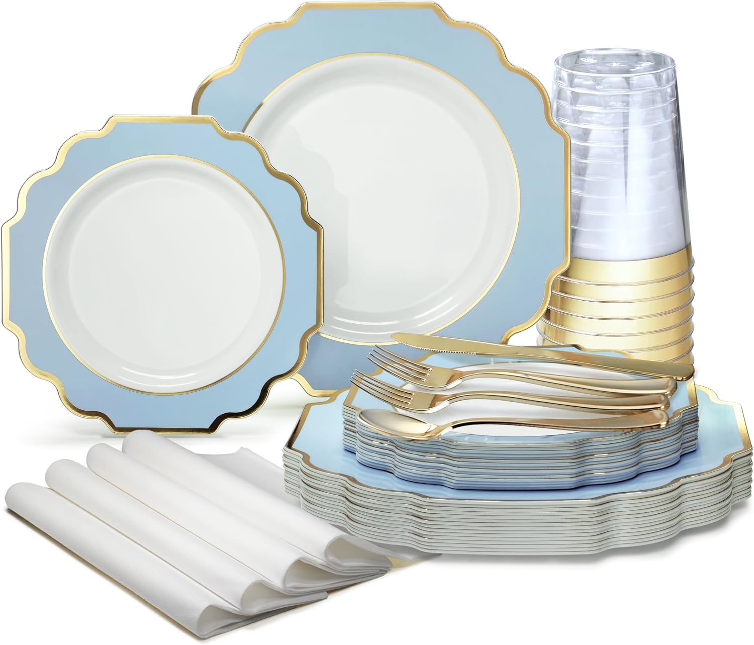 ' OCCASIONS ' 960 Piece set (120 Guests)-Heavyweight Wedding Party Disposable Plastic Plate Set - 120 x 10.5'' + 120 x 8'' + Silverware + Cups + Napkins (Imperial in White & Blue & Gold)