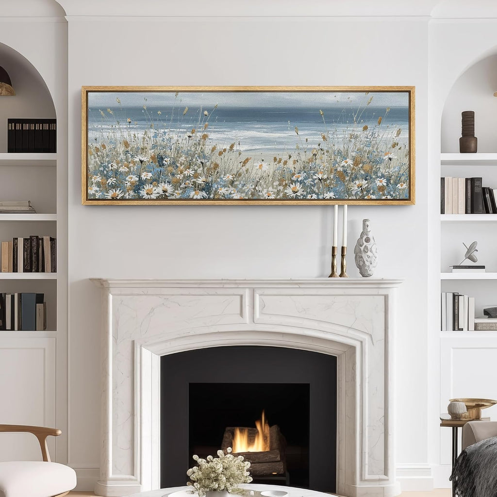 SIGNFORD Large Framed Canvas Print Wall Art Coastal Wildflowers Beach Meadow Landscape in Soft Blue and Beige Tones Illustrations Modern Art Relax/Calm Warm for Living Room, Bedroom, Office - 60'x20'