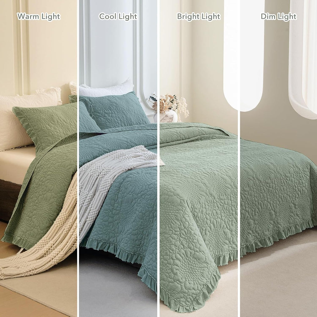 QSH 3PCs Green Oversized King Quilt Bedspread Set(120'x120'),Stonewashed Cotton Ruffled Quilt California King,Ultra Soft Lightweight Crinkled Shabby Bedspread Coverlet Bed Set for All Seasons