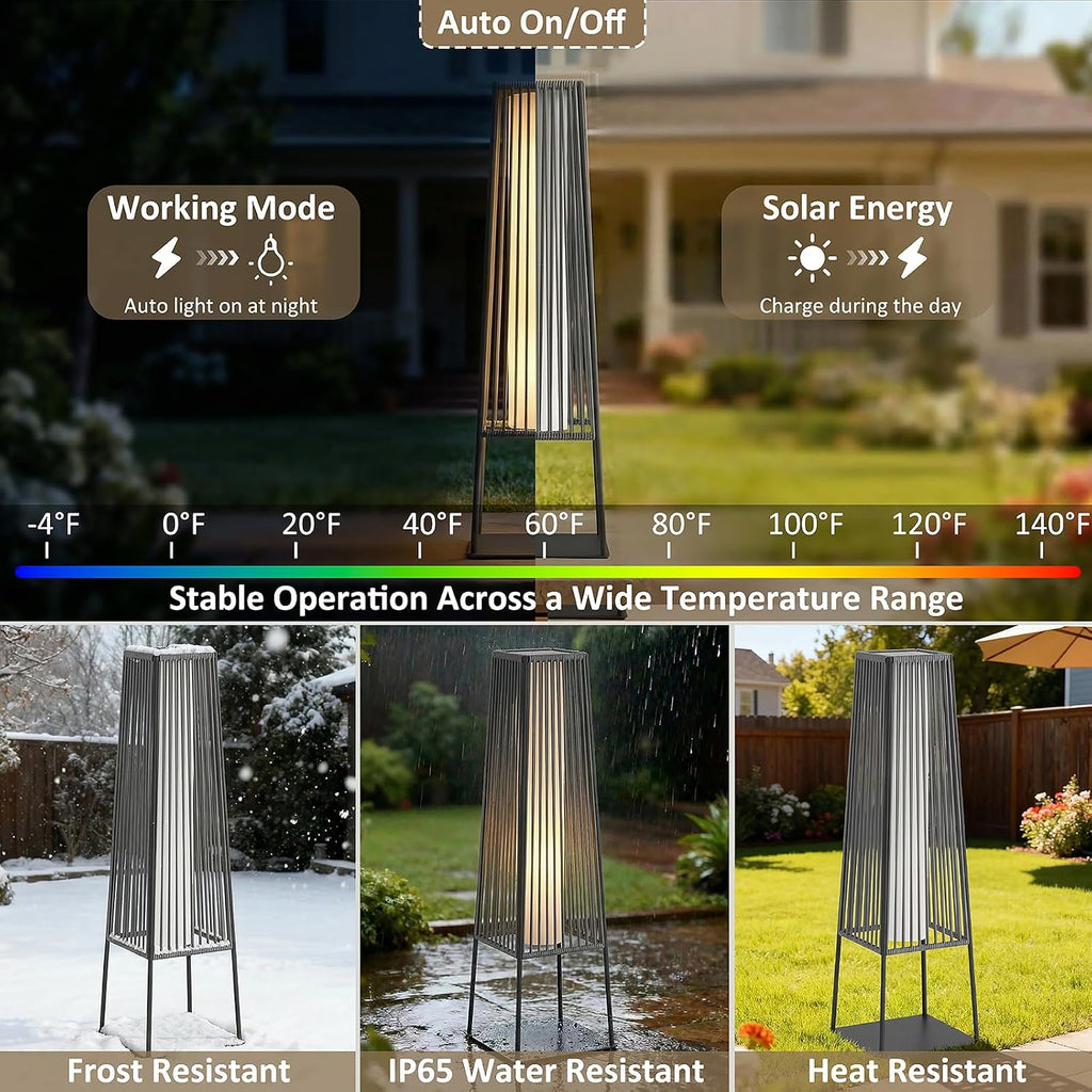 Outdoor Floor Lamp Set of 2, Rattan Solar Lanterns Outdoor Waterproof for Balcony, Deck, Garden & Patio (Gray)