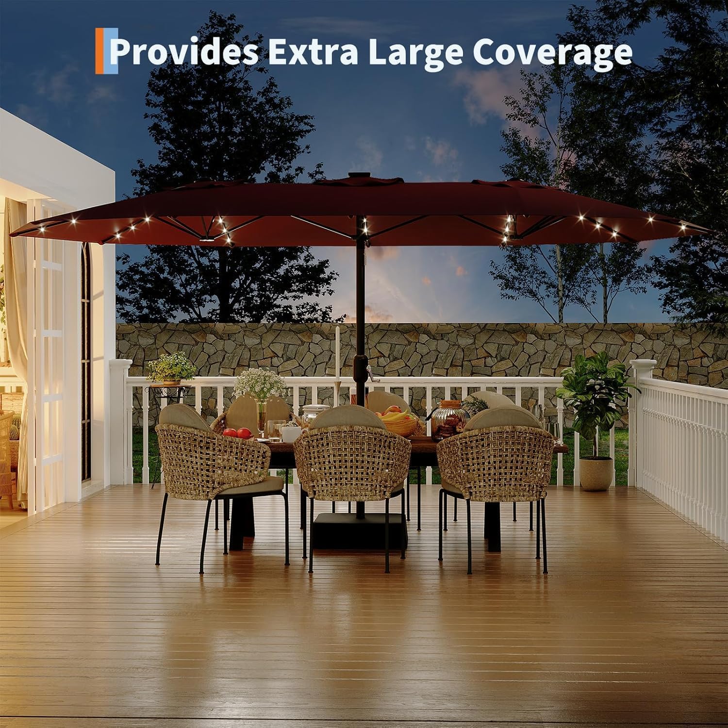 Garvee 15 ft Rectangular Patio Umbrella with Solar Lights & Base Included - Large Patio Umbrella with Crank Handle 36 LED Lights, UV Protection for Outdoor Market, Backyard, Deck, Pool, Burgundy