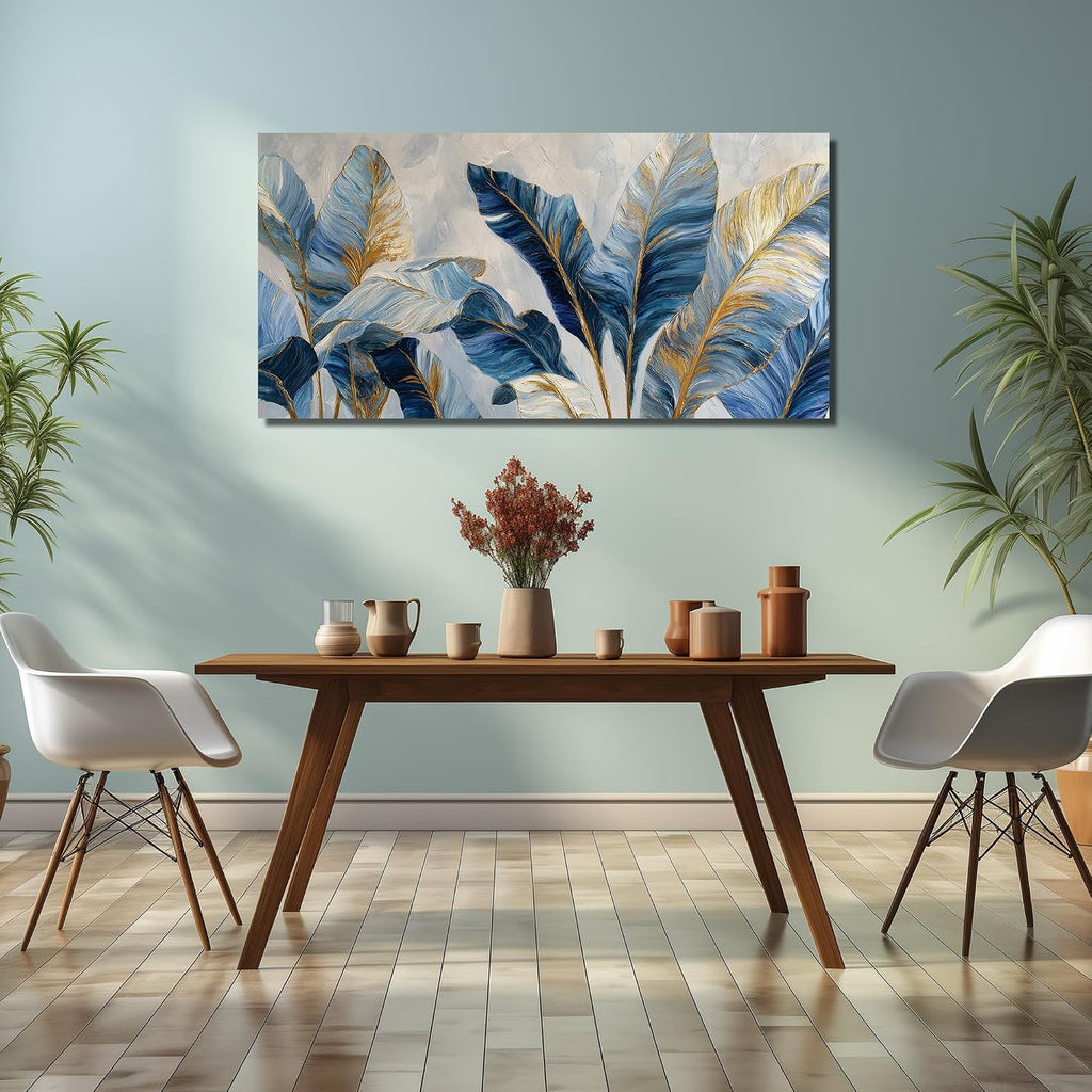 JuhaiArt White Banana Leaf Prints Bedroom Blue Canvas Art Botanical Gold Wall Artwork for Living Room Office 29' x 59'