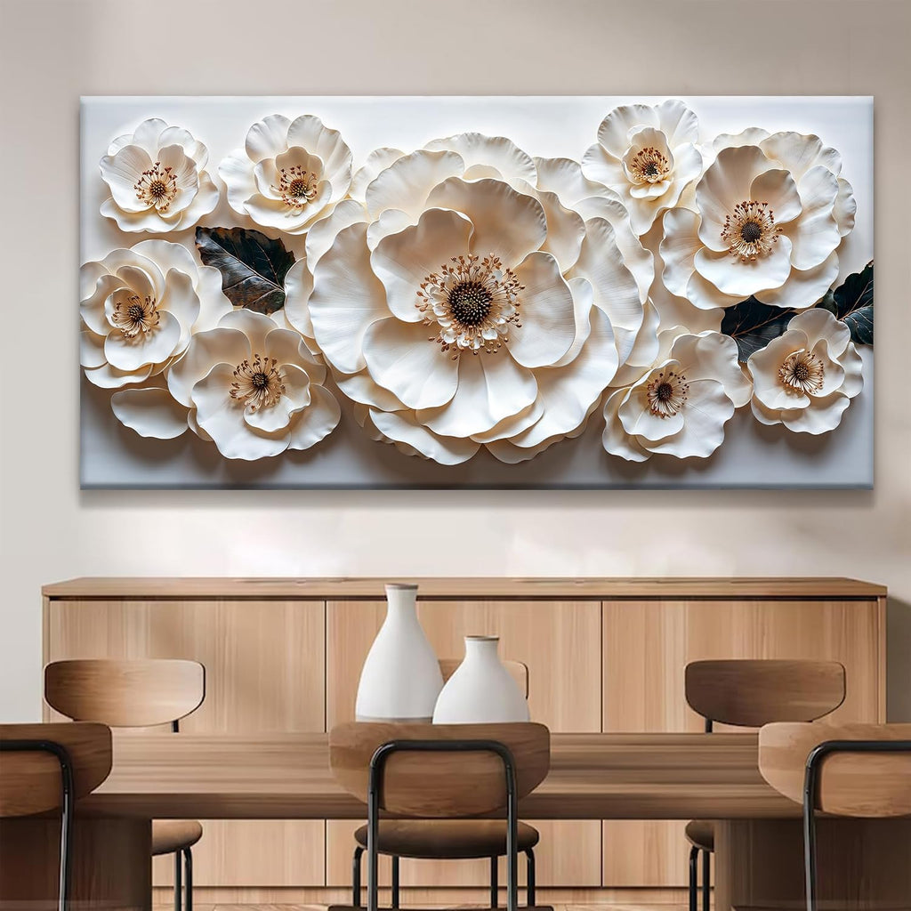 Large Wall Art For Living Room Floral White Wall Art Modern Canvas Art Wall Decor 29' X 58' Painting White Flower Wall Art Print Picture For Bedroom Home Office Decoration