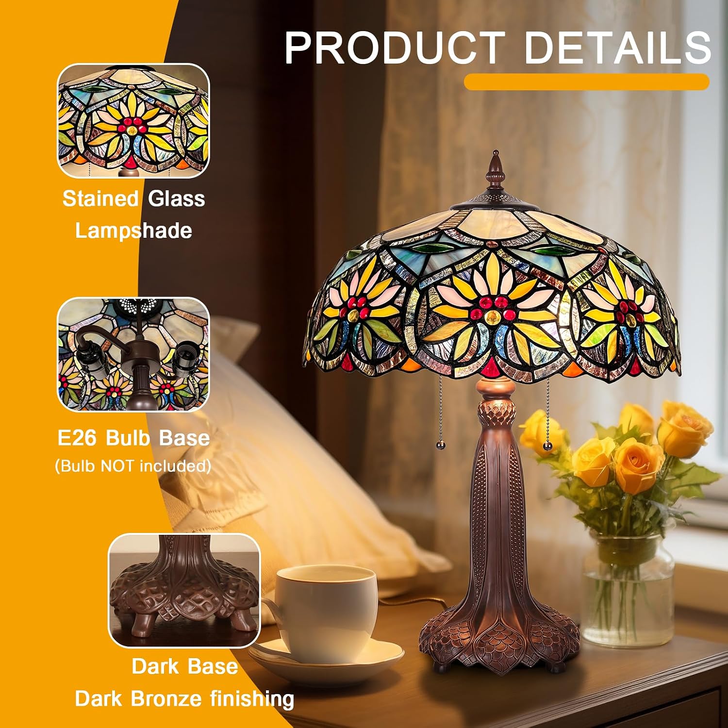 Capulina Tiffany Lamp Stained Glass Table Lamp 2-Light 16X16X24 Inches Gorgeous Grape Sunflower Tiffany Style Desk Lamp for Bedrooms Living Room Study Home Office