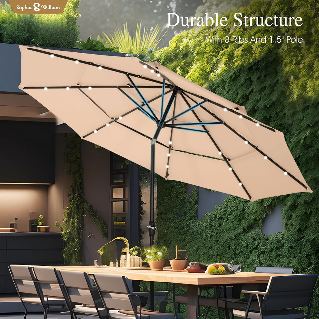 Sophia & William 10ft Patio Umbrellas 3-Tier Umbrella Outdoor Patio Umbrellas with Lights Vented Top 24 LED lights Adjustable Tilt for Pool Garden Backyard, Beige