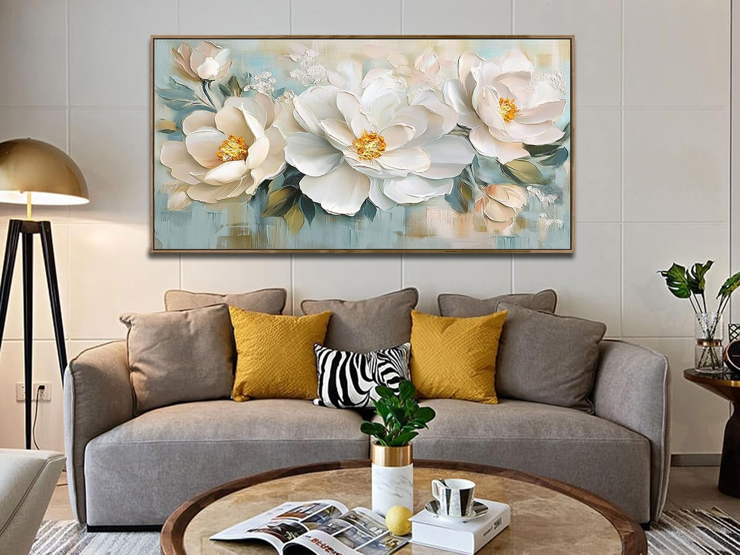 Enartly White Flowers Framed Wall Art for Living Room, 3D Textured Floral Canvas Painting Sage Florals Picture Artwork for Bedroom Dining Room Kitchen Home Office Wall Decor, 48'x24'