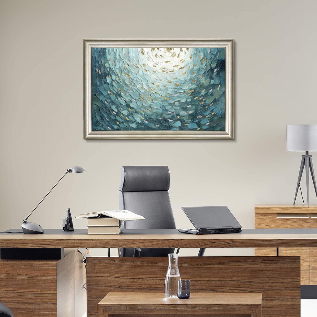Framed Teal Abstract Canvas Art: Large Modern Hand Painted Textured Artwork Print Contemporary Turquoise Painting Picture with Gold Foil Wall Decor for Home Office Bedroom Living Room Decoration