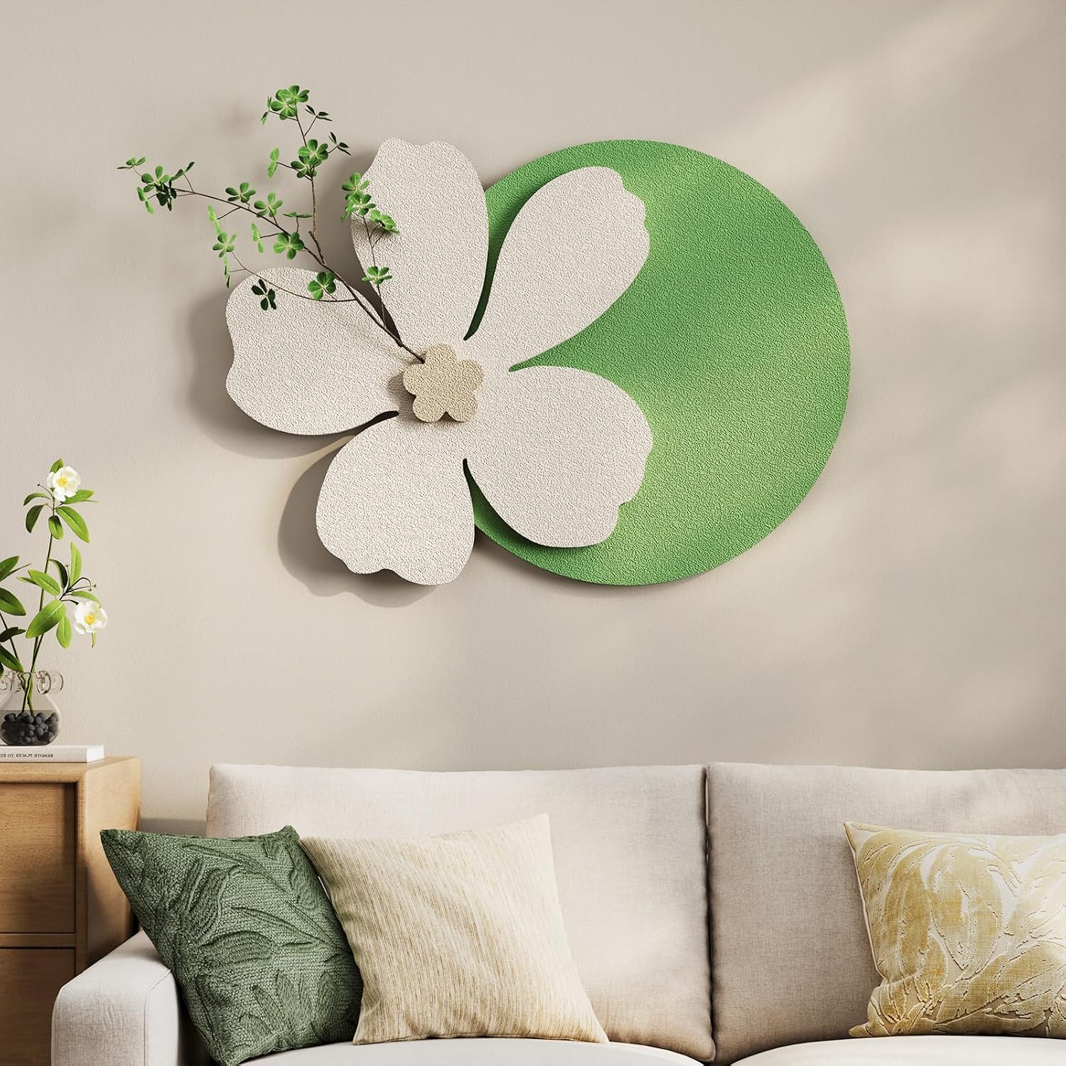 3D Textured Sage Green Minimalist Wall Art Decor, Boho Beige Botanical Floral Artwork for Walls, Cream Sandstone Texture Wall Decor for Living Room, Dining Room, Bedroom, Hallway, Home Office