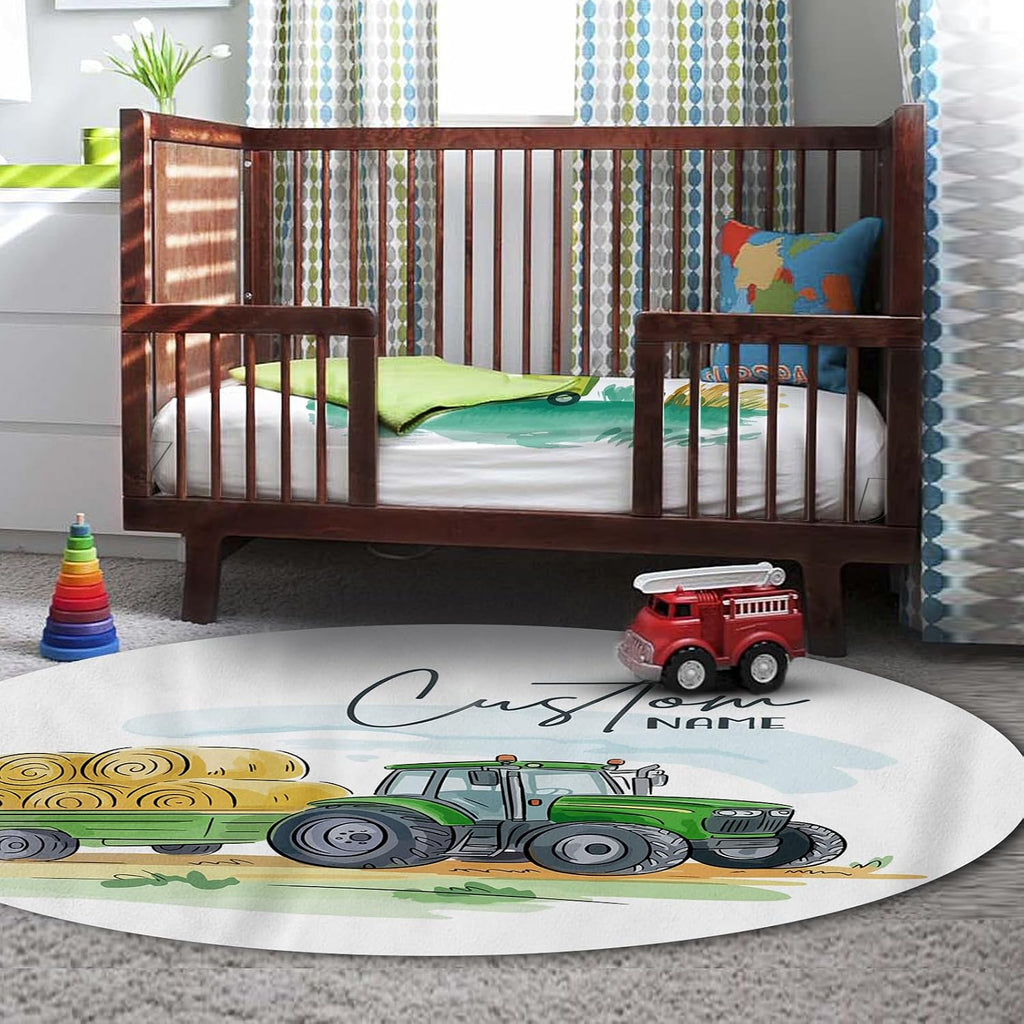 Personalized Crib Bedding Set for Baby Boys, Green Tractor Pattern Custom Name Baby Crib Sets 5-Pcs, Double Layer Baby Blanket Fitted Sheet Changing Pad Cover Rug Wall Art Set