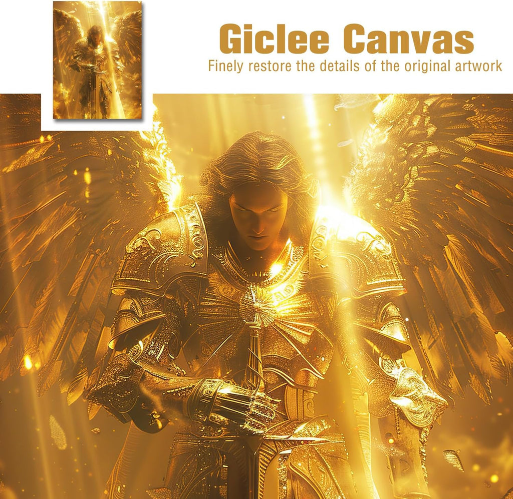 vandlife Bible Stories Canvas Wall Art Heavenly Guardian Archangel Michael Wearing Golden Armor Painting Framed Religious Tranquility Prints for Home Office Decor 36x48in
