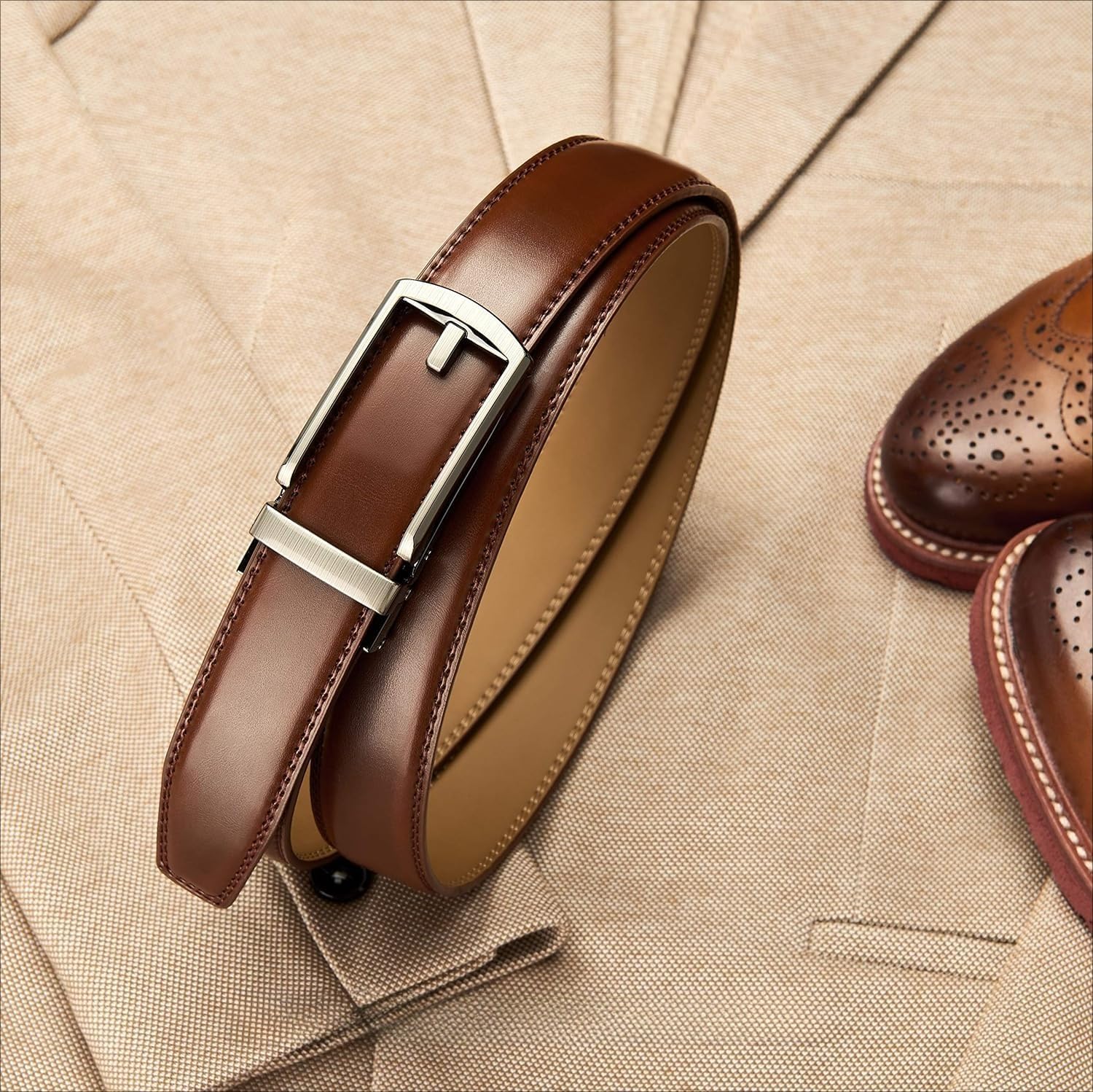 Comfort Click Ratchet 1 1/4' Genuine Leather Dress Belt Men Perfect Shoes Executive.