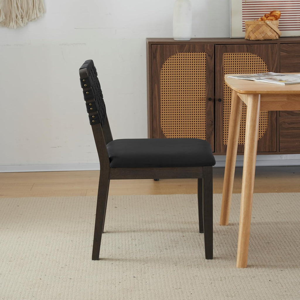VINGLI Black Woven Wooden Dining Chairs Set of 2,Armless Mid Century Modern Desk Chairs with Rivet&Foot Pegs,Upholstered Farmhouse Comfy Chair No Wheels for Dining Room,Living Room,Kitchen,Oak,Suede