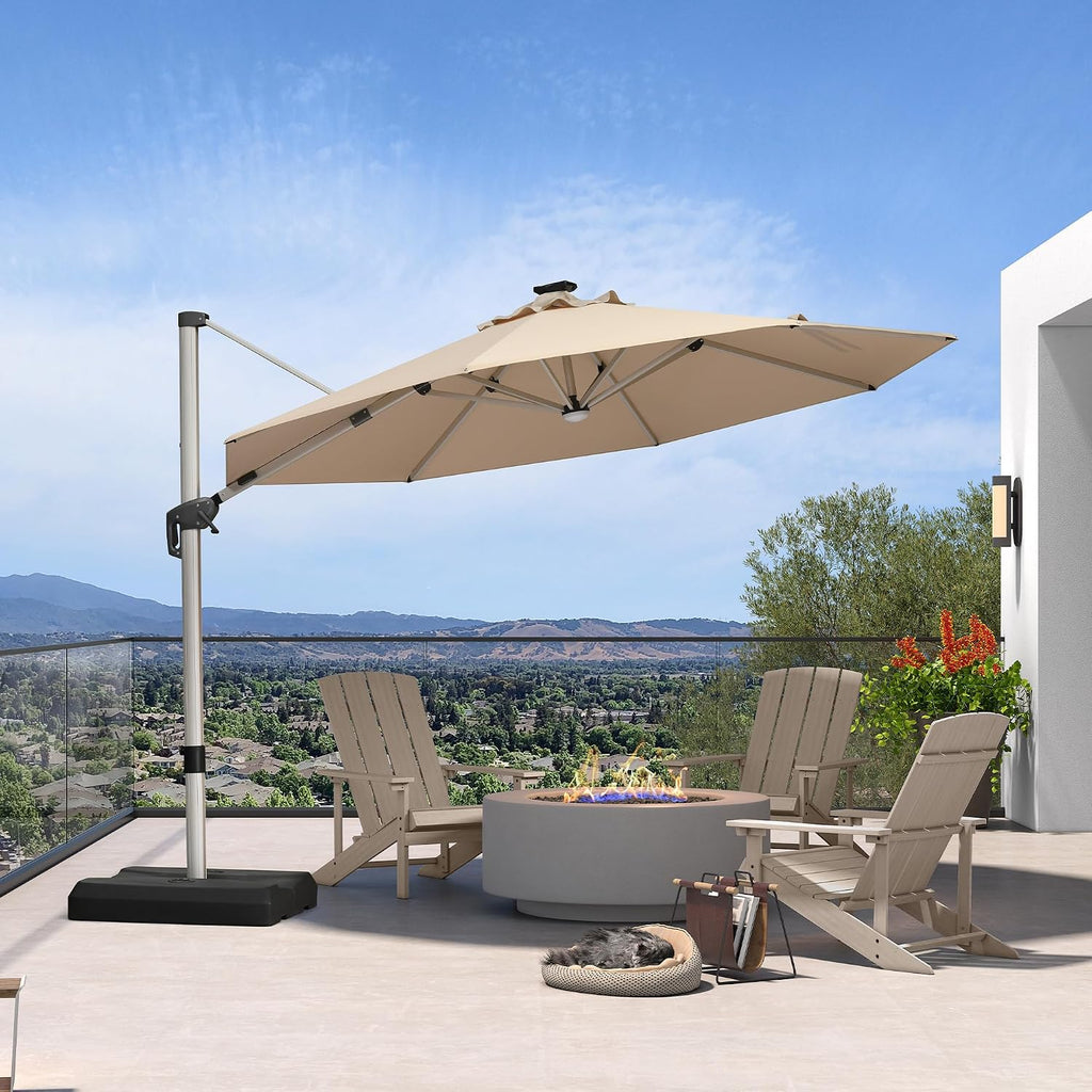 PURPLE LEAF Cantilever Umbrella with base 11ft Outdoor Round Patio Solar Powered LED Umbrella with 360-degree Rotation for Garden Deck Pool Patio, Beige