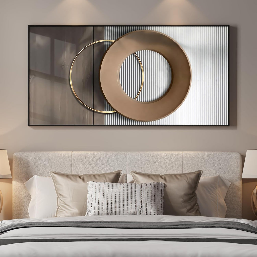 Large Horizontal Modern Wall Art for Living Room, Framed Neutral Picture Prints, Minimalist White Brown Circle Geometric Painting Artwork Decor for Bedroom Dining Room Hallway Office 56x28 Inch
