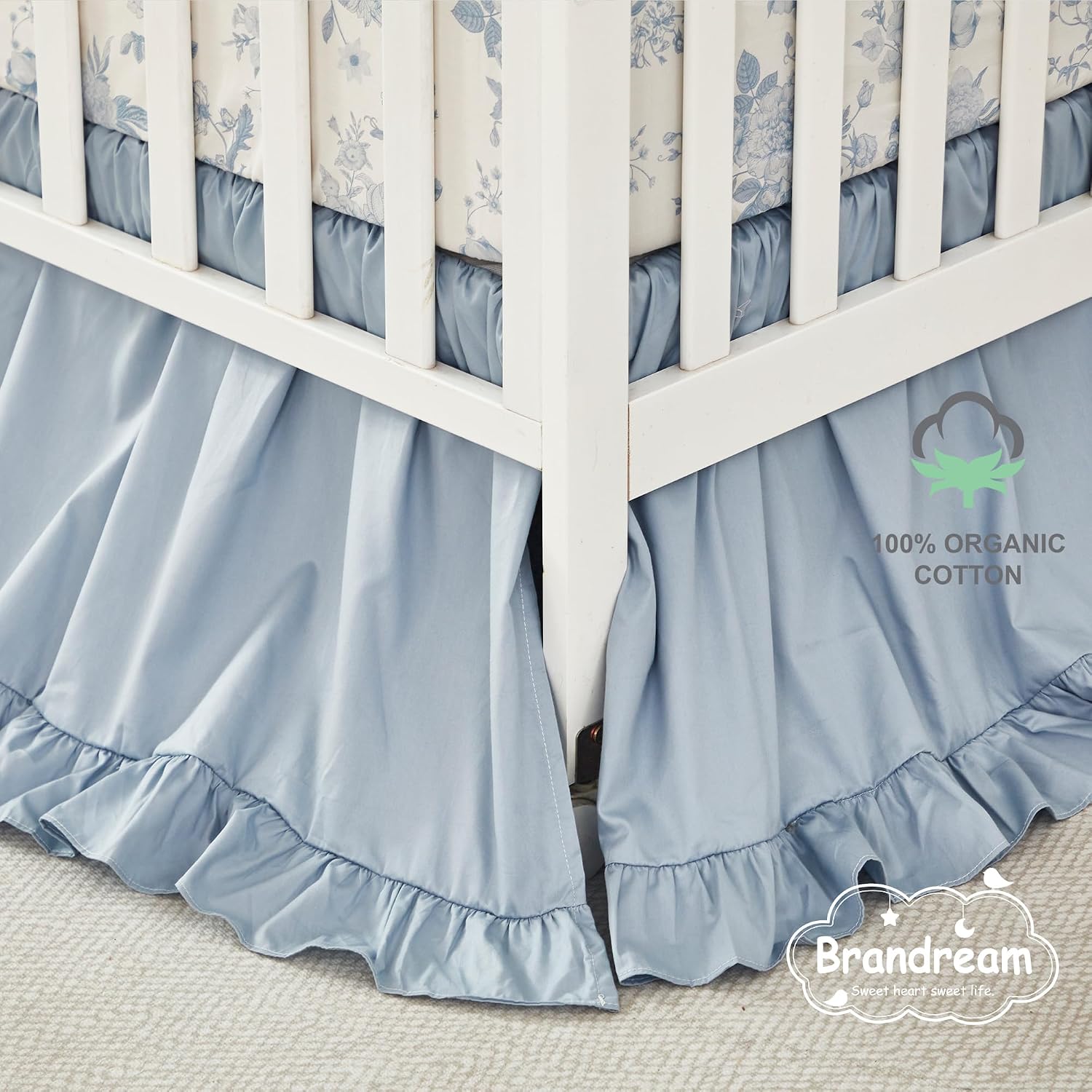 Brandream French Country Toile Crib Bedding Set for Girls Vintage Blue Grandmillennial Toile Floral Print 100% Cotton Baby Girl Nursery Bedding - 3 Pieces Ruffles Quilt,Toile Crib Sheet,Crib Bed Skirt