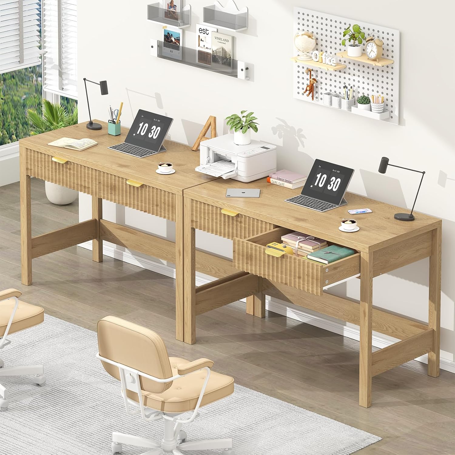 YOMILUVE Fluted Computer Desk with 2 Drawers, 39 Inch Small Computer Desk with Storage, Compact Writing Study Desk for Small Spaces