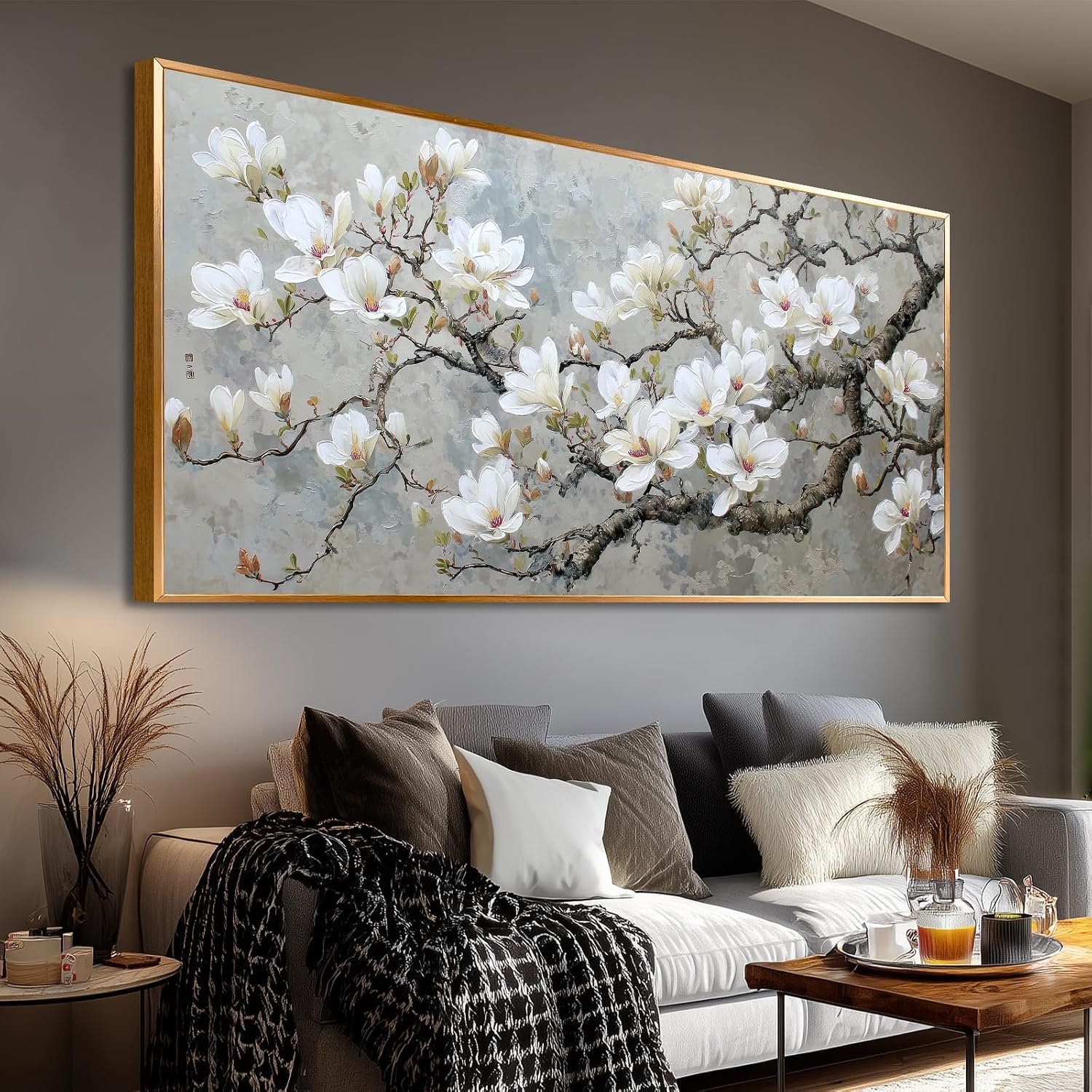 BewDalky Black Metal Framed Wall Art Flower Tree Canvas Print White Magnolia Blossom Picture Nature Landscape Painting Floral Artwork for Living Room Bedroom Home Office Farmhouse Decor 24' x 46'