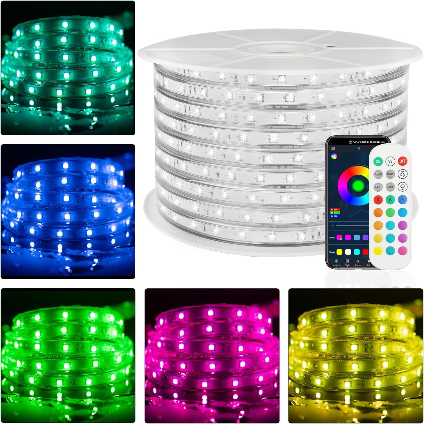 164ft Outdoor LED Strip Lights Waterproof,RGB LED Rope Lights Outdoor Waterproof Color Changing APP Remote Control Music Sync,36LED/m Flexible Rope Lights for Outside Camper Pool Deck Christmas