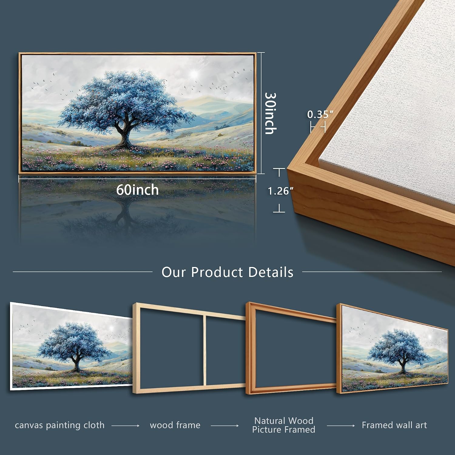 ZUITINGHUA Wood Framed Canvas Wall Art For Living Room Large Wall Decor For Office Bedroom Decorations Blue Tree Landscape Pictures Farmhouse Paintings Artwork Wall Mural Modern Home Decor 30x60 In