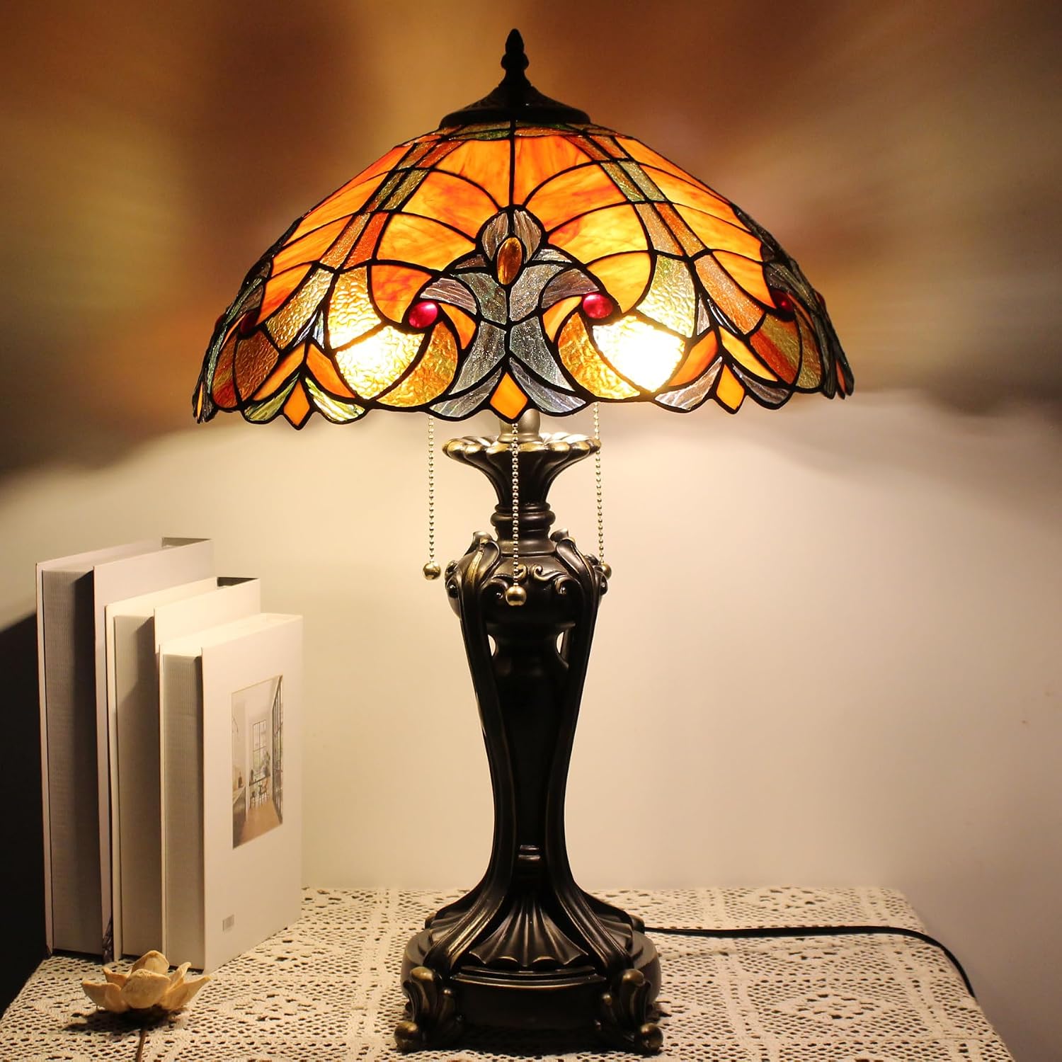 Table Lamp Base Replacement Only, Wide 8 Height 24 Inch, Fit for 12, 14, 16, 18 Inch Tiffany Style Stained Glass Lampshade, Dark Bronze Finish, Resin, Pull Chain Switch(L (W8H24 Inch))