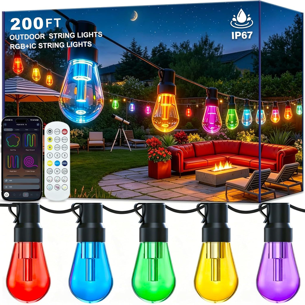 LETIANPAI 200ft RGB+IC Outdoor String Lights, IP67 Waterproof LED Color Changing Clear Bulb String Lights with App & Remote Control, Shatterproof Hanging Patio Lights for Backyard Garden Party