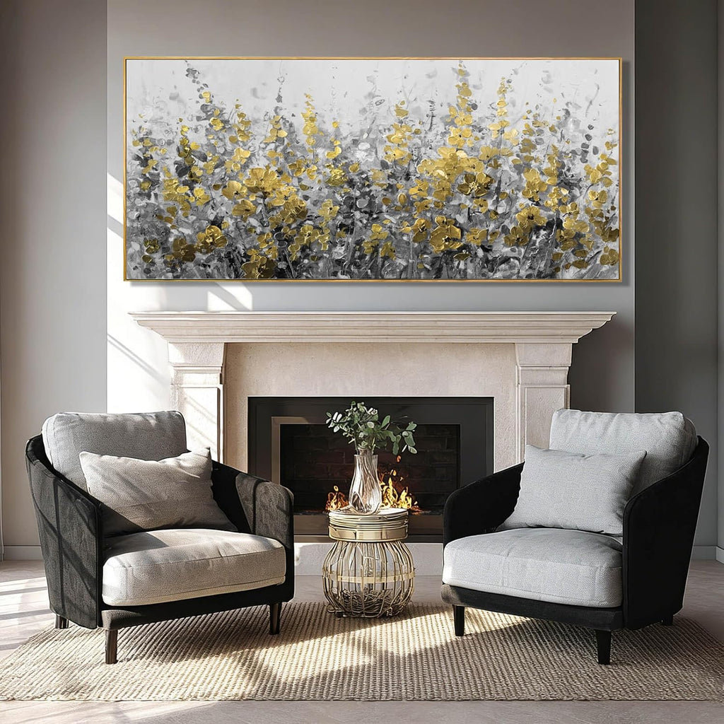 WINKAILIN Black Gold Wall Art Abstract Oil Flower Canvas Grey Painting Modern 32x70 Plant Artwork with Frame for Living Room Office Decoration