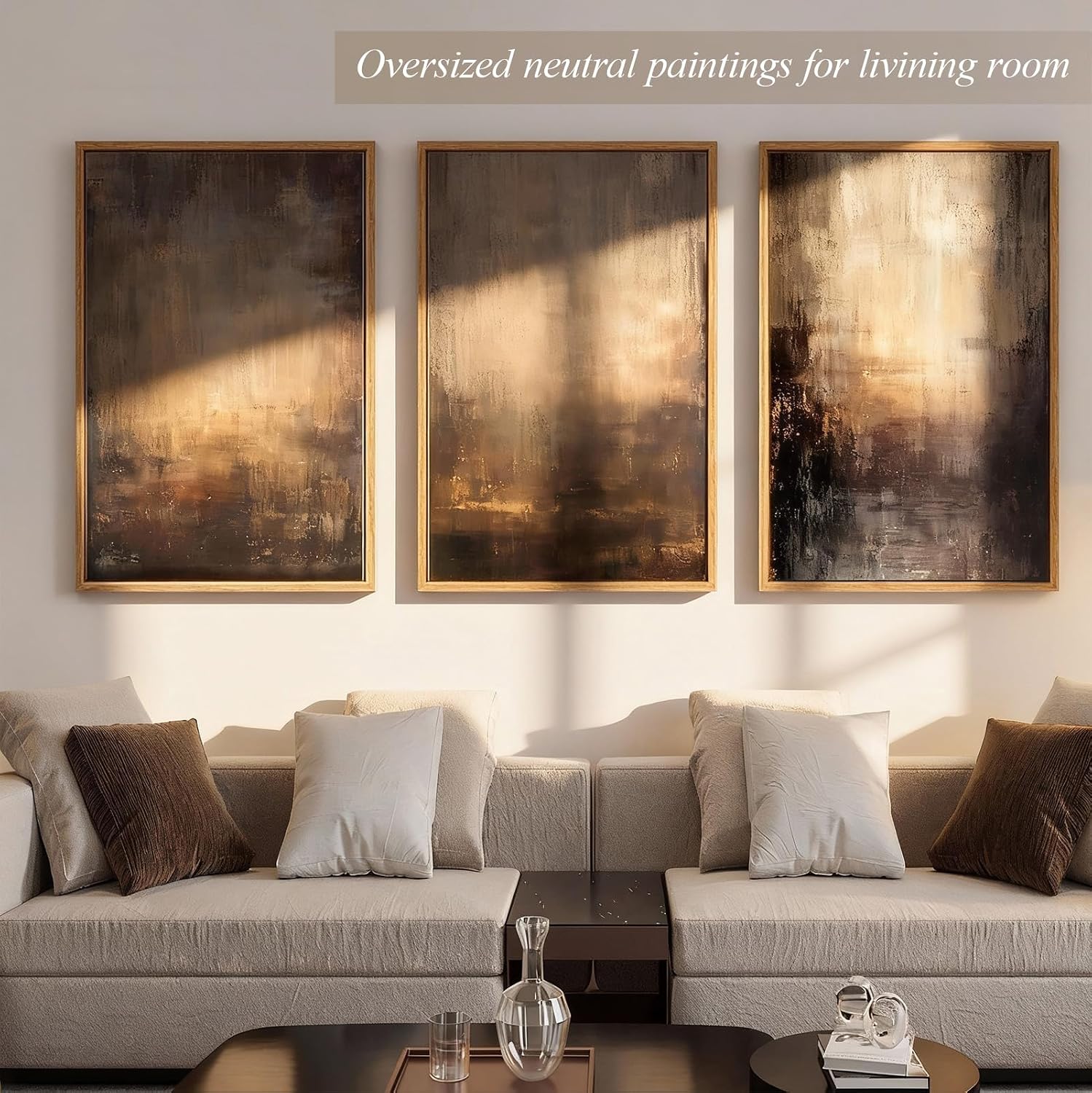 Vaskuro Extra Large Framed Art, Handmade Textured Canvas Paintings, Neutral Abstract Brown Wall Decor for Living Room, 3 Pcs,24x36In, Modern Minimalist Cozy Artwork for Bedroom