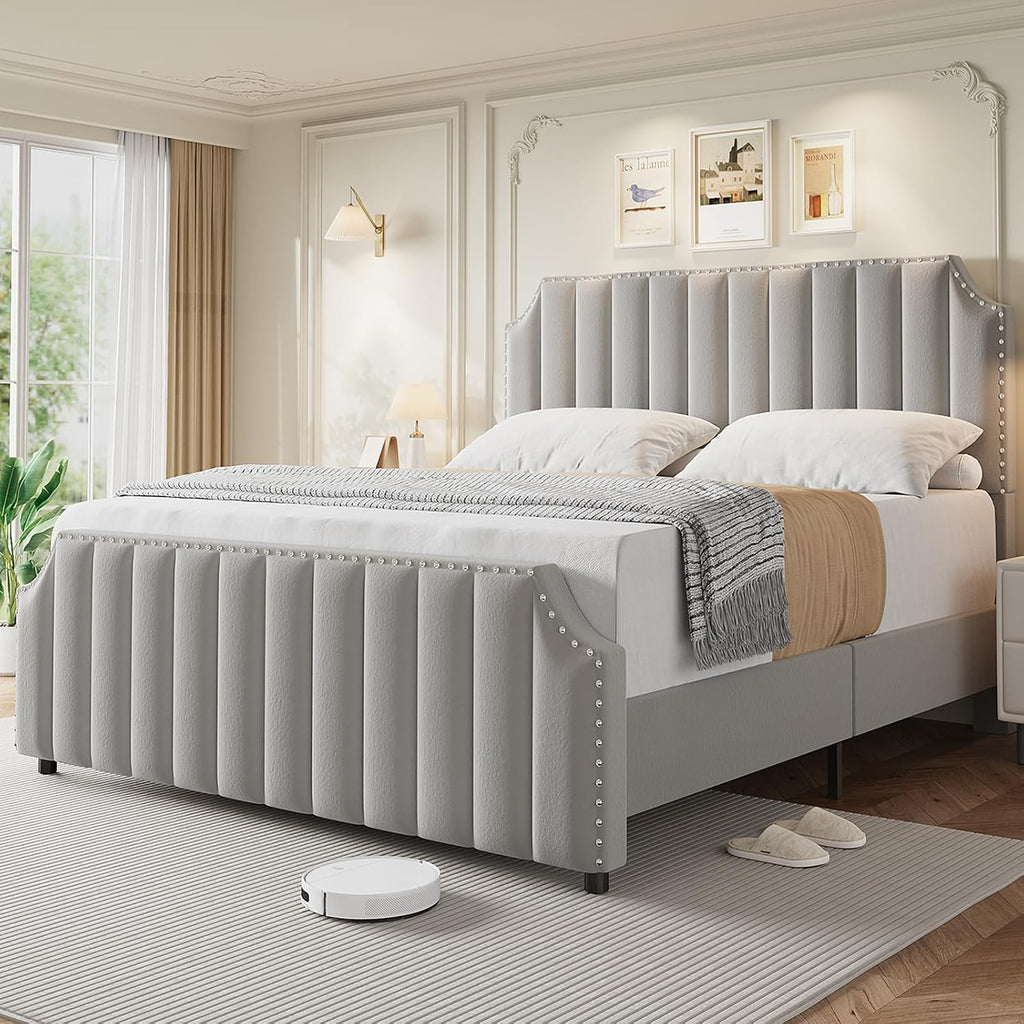 King Size Bed Frame, Platform Bed Frame with Velvet Upholstered 50.2'' Headboard, Rivet Decoration, Strong Wooden Slats, No Box Spring Needed, Easy Assembly, Grey