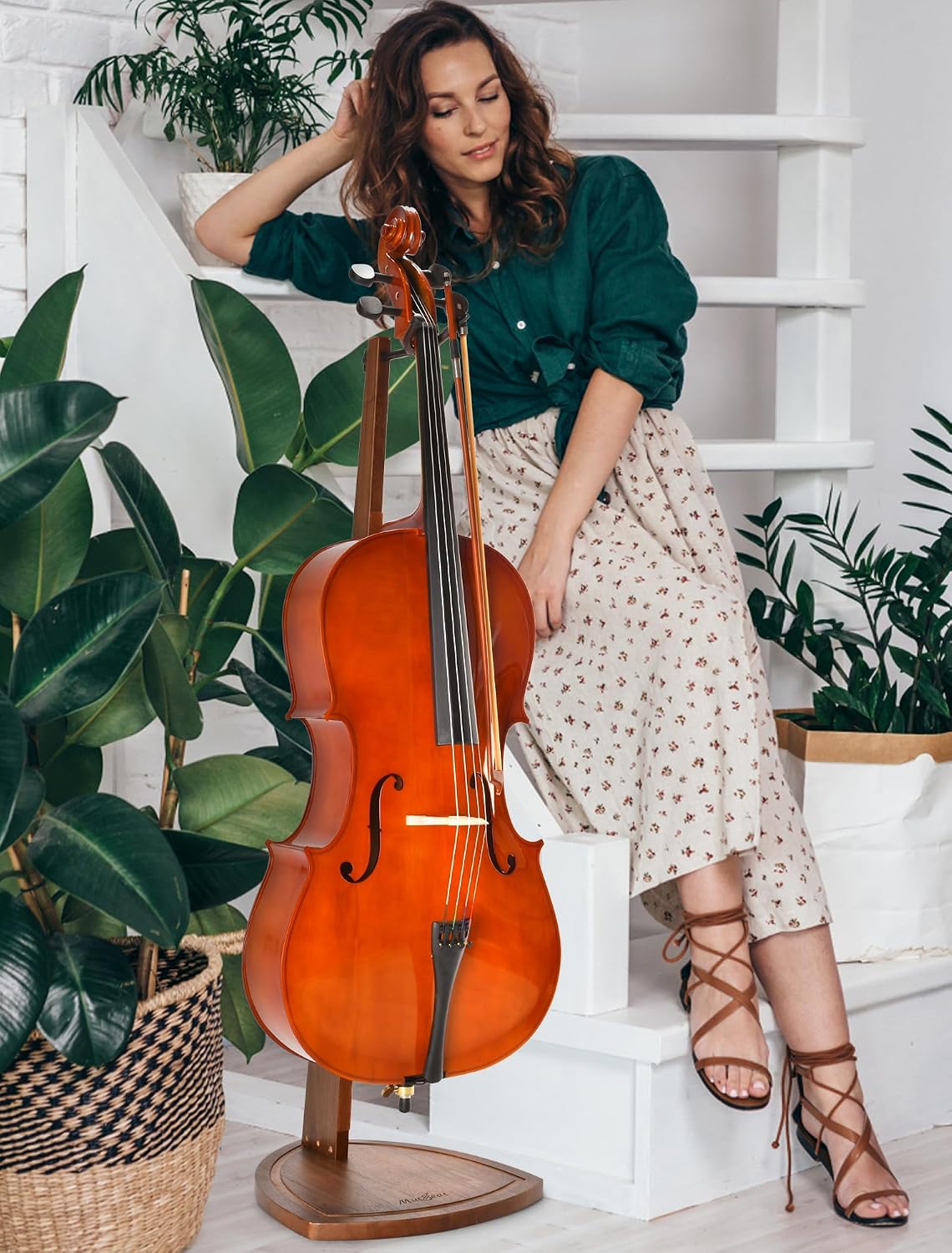 Cello Stand with Bow Holder, Handcrafted Walnut Wood Floor Stand for 4/4 Full-Size and 1/2, 1/4, 3/4, 1/8, 7/8, Cello Holder Rack for Home and Studio Display