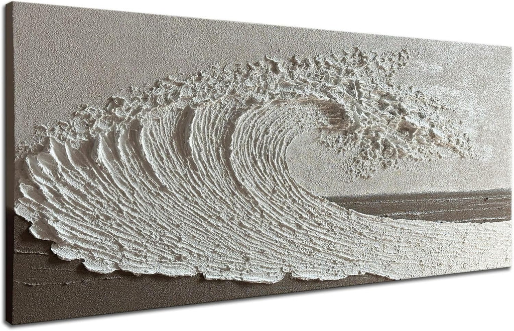 Slyart Abstract Ocean Wave Wall Art, White Textured Oil Painting on Canvas, Modern Minimalist Wall Decor