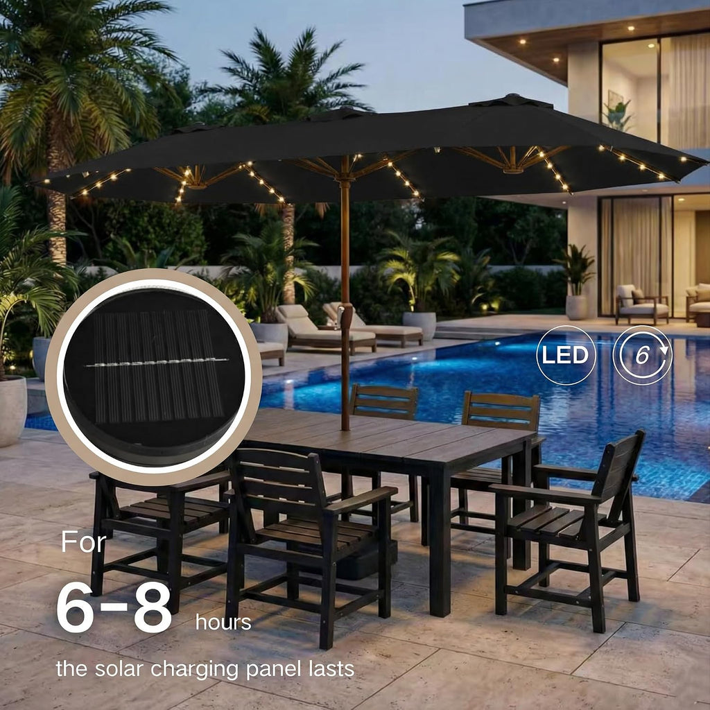 Kingdura 15ft Large Patio Umbrella with Solar Lights, Double-Sided Rectangle Lighted Outdoor Table Umbrella with Base Included, 12 Reinforced Ribs, 48 Led Lights, Crank Lift for Market Pool Deck Backyard, Black