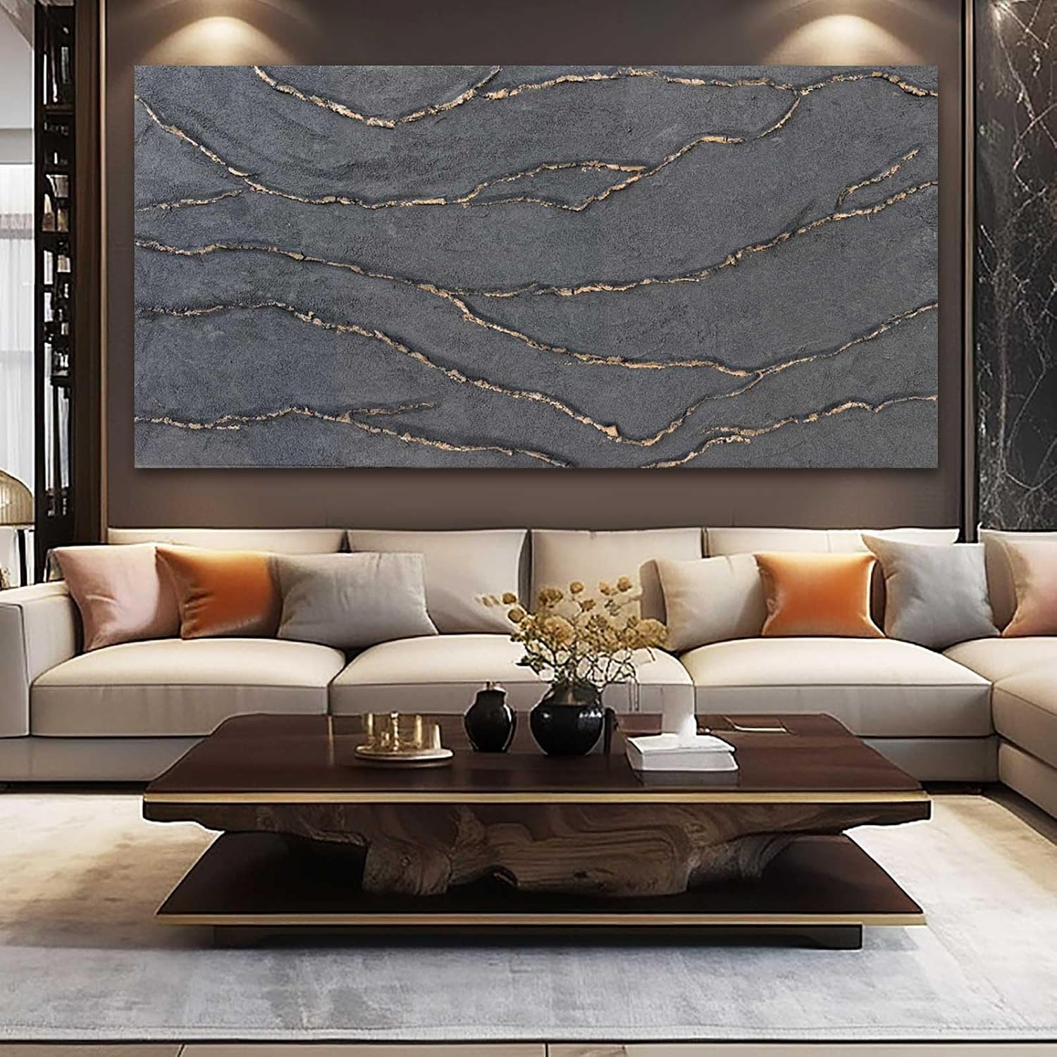 XIANSHOU Canvas Wall Art Hand Painted Large Gold and Grey Abstract Painting Textured Wall Decor 29'x58' Home Artwork Decoration for Living Room Office Bedroom Dining Room