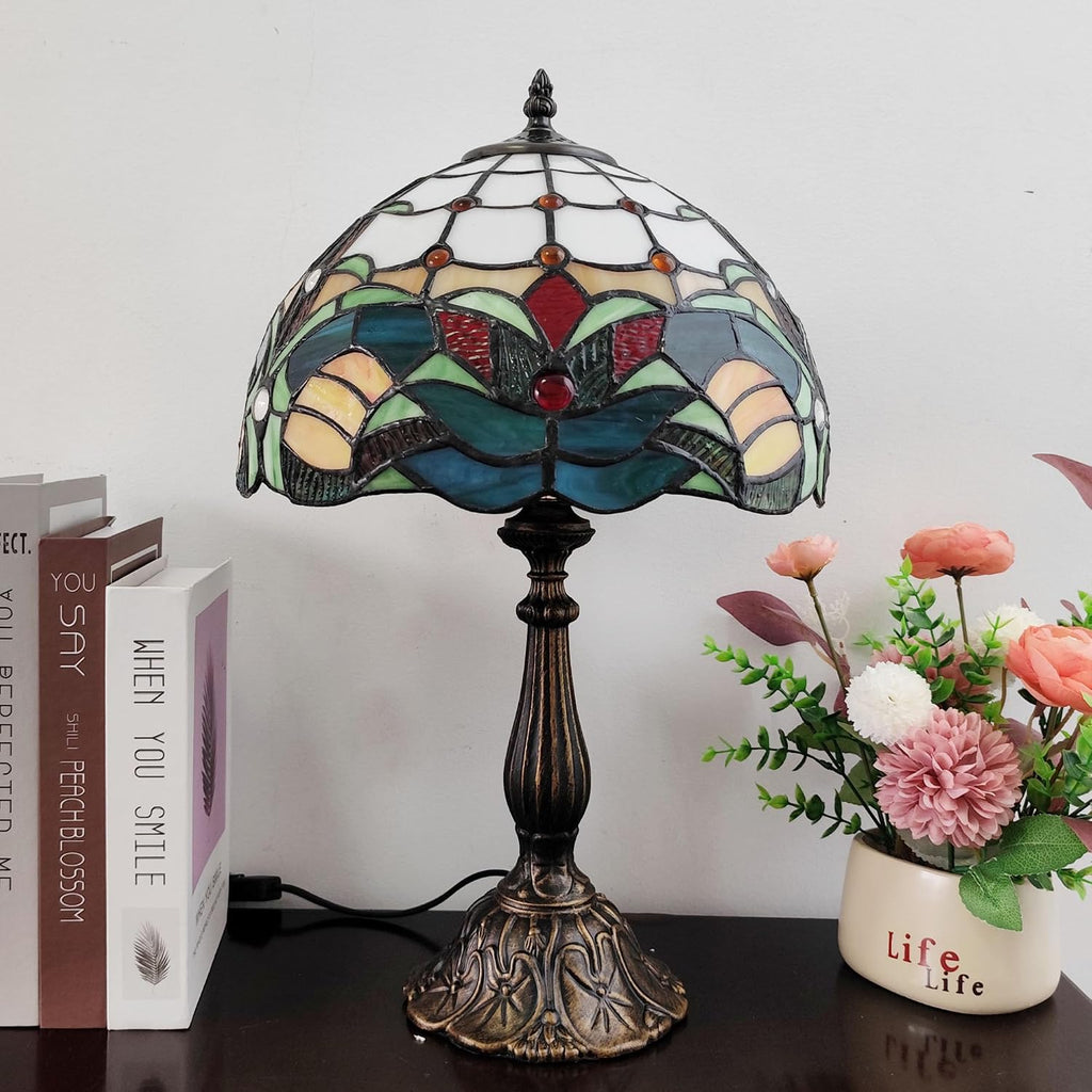 Tiffany Table Lamp Green Flowers Style Stained Glass Desk Light 12 Inch Tiffany Style Bedside Lamp with LED Bulb for Bedroom Living Room Office Decor