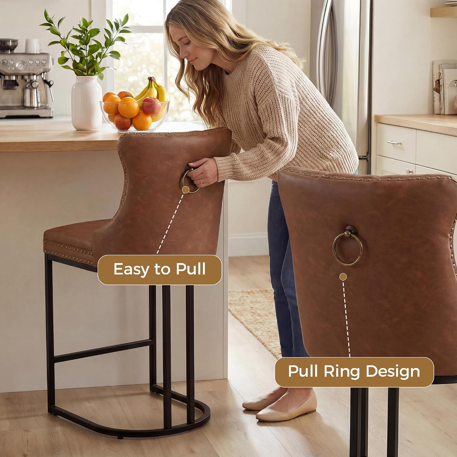 AQO Counter Height Bar Stools Set of 2 for Kitchen Island, Modern Bar Stools with Backs, 26 Inch Barstools with Upholstered Faux Leather Seat and Footrest, Brown