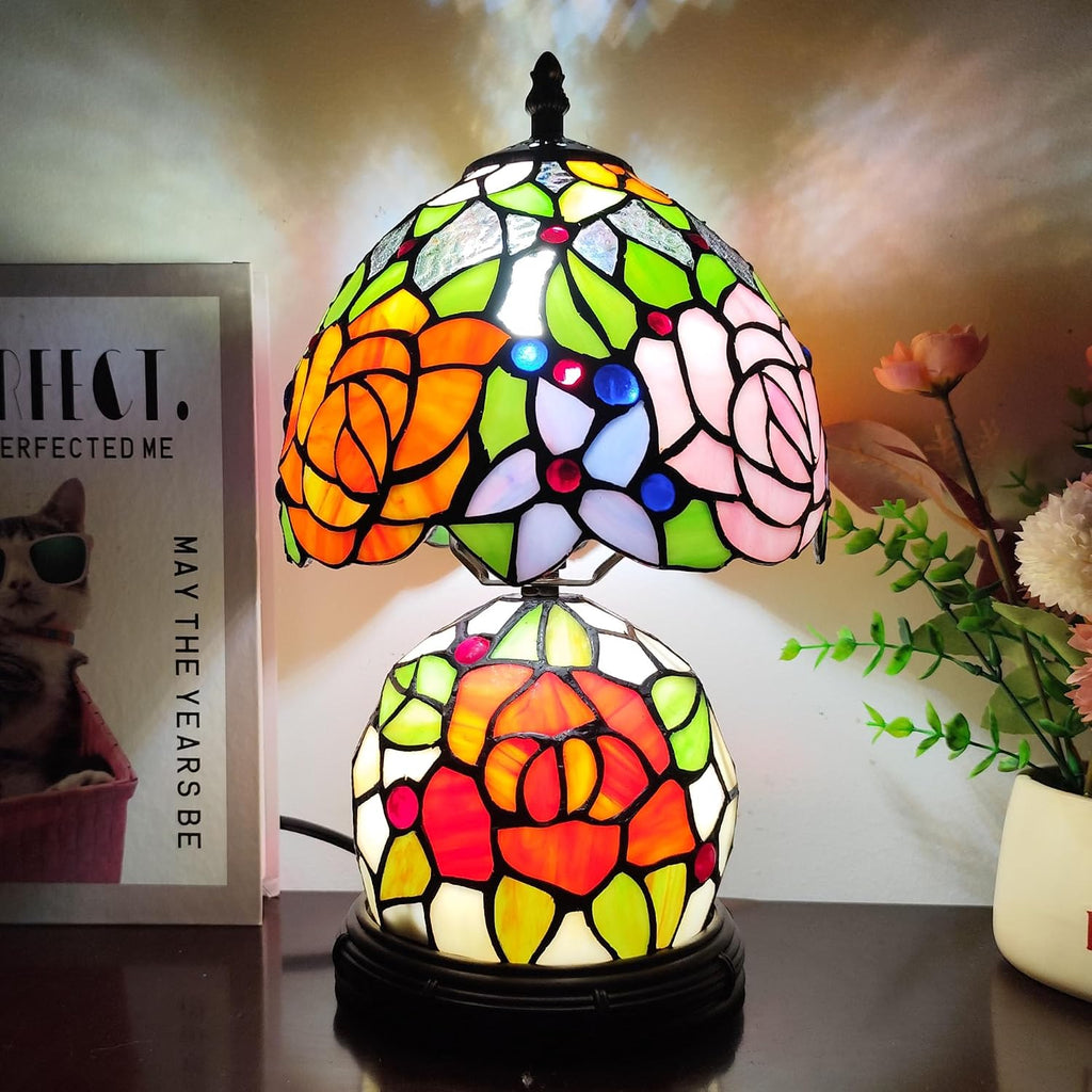 Tiffany Table Lamp Small Yellow Pink Roses Stained Glass Lamp Mother-Daughter Style Desk Reading Light with 2 LED Bulbs for Bedroom Living Room Office Decor