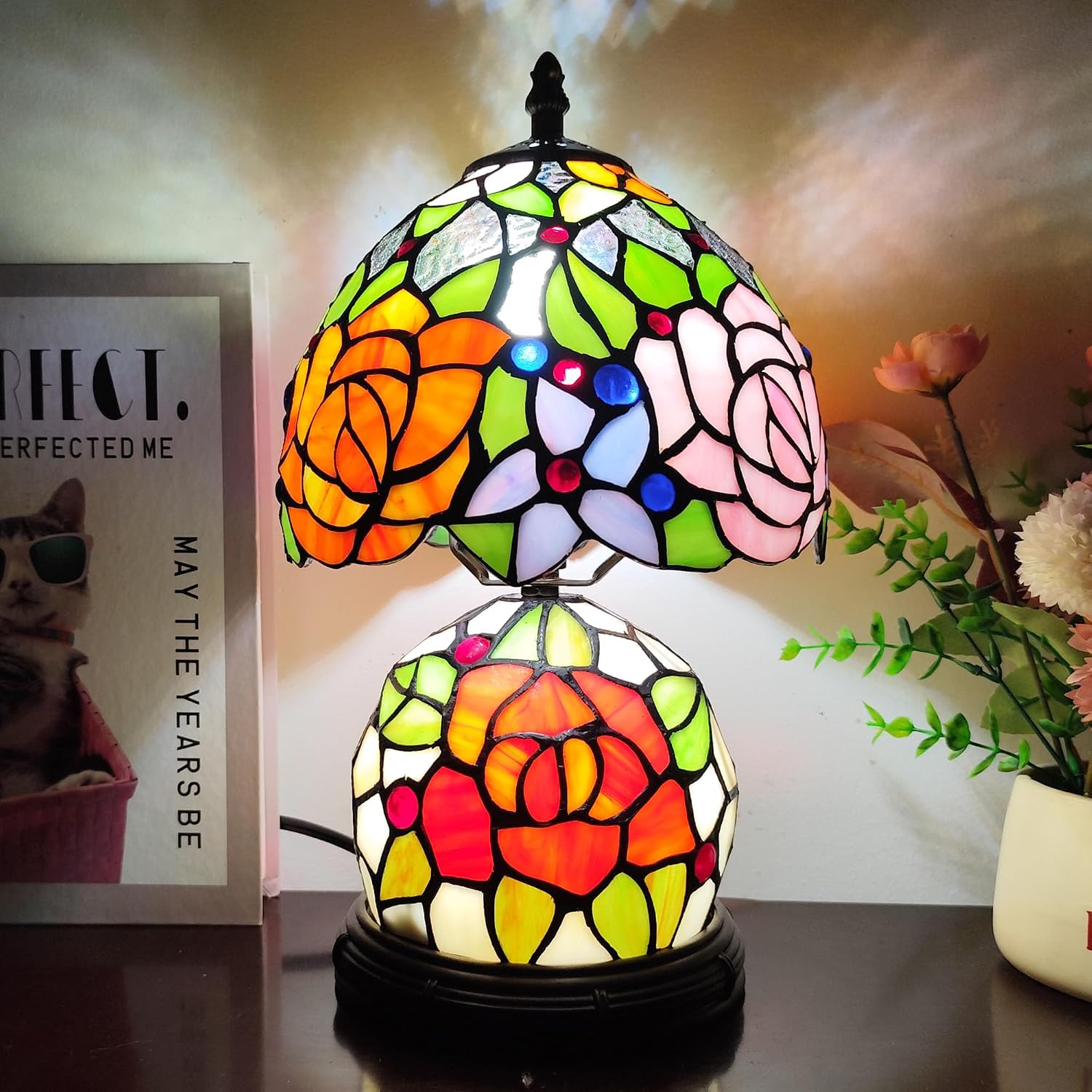 Tiffany Table Lamp Small Yellow Pink Roses Stained Glass Lamp Mother-Daughter Style Desk Reading Light with 2 LED Bulbs for Bedroom Living Room Office Decor