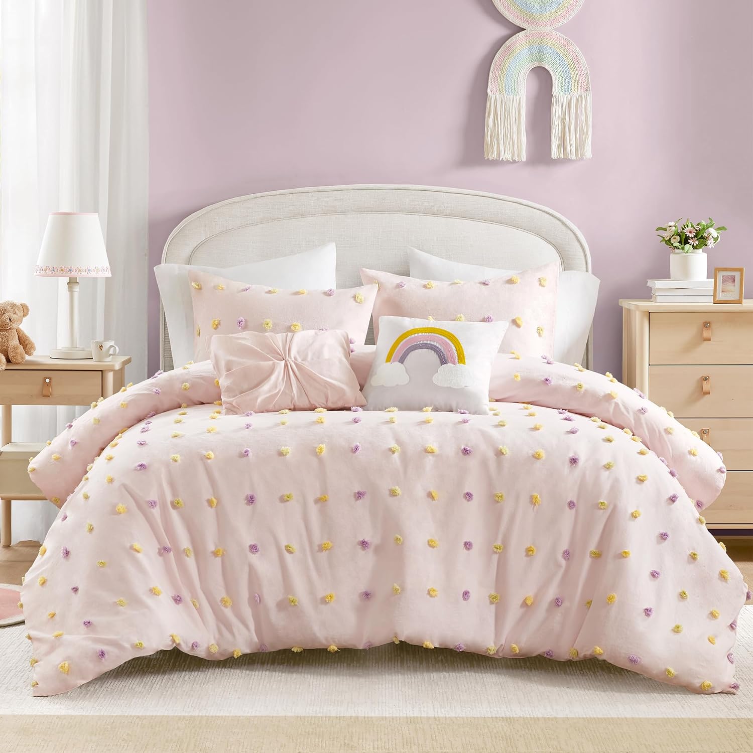 Intelligent Design Callie Girls Full/Queen Comforter Set, Pink 5-Piece Kids Bedding, 100% Cotton Tufted Pom Pom Tufted Jacquard, All Season Down Alternative, Cozy Shabby Chic Bedroom Décor
