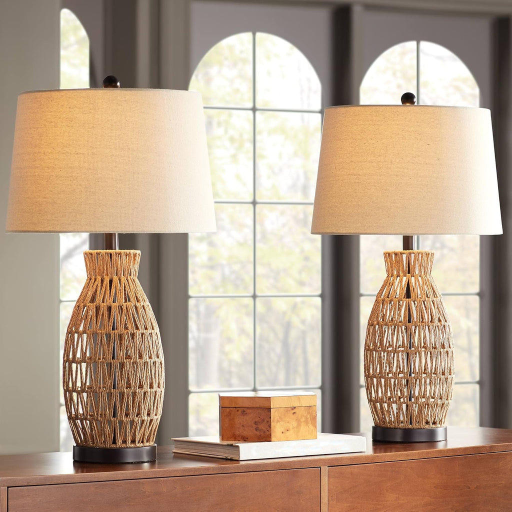 360 Lighting San Carlos Coastal Cottage Core Nautical Modern Table Lamps 29' Tall Set of 2 Natural Rattan Wicker Oatmeal Fabric Drum Shade for Living Room Bedroom House Bedside Nightstand Home