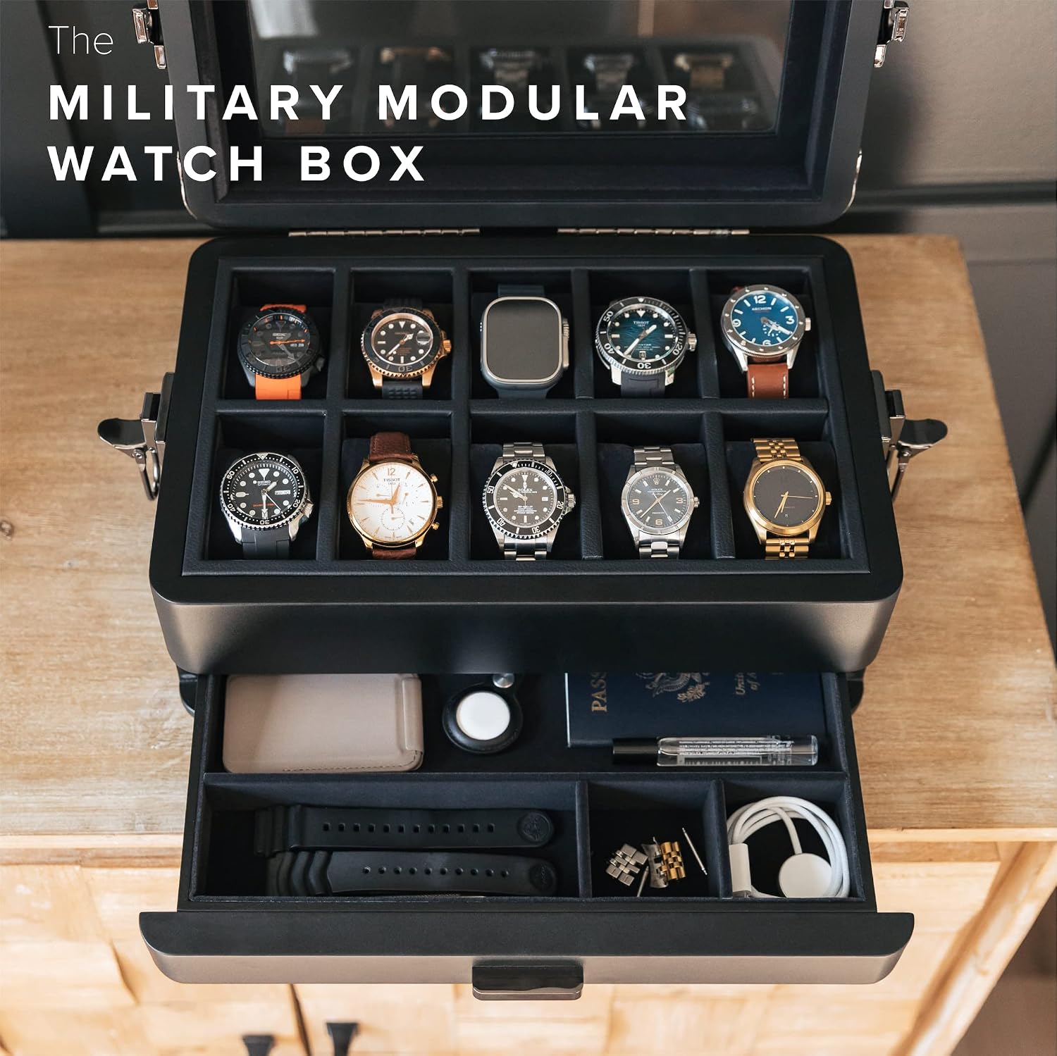CASE ELEGANCE Black Edition Military 10 Slot Watch Box Case Organizer for Men, Real Glass Top, Modular Valet Tray, Apple Watch Compatible with Apple Watch Stand, Accessory Drawer, Watch Pillow Stands