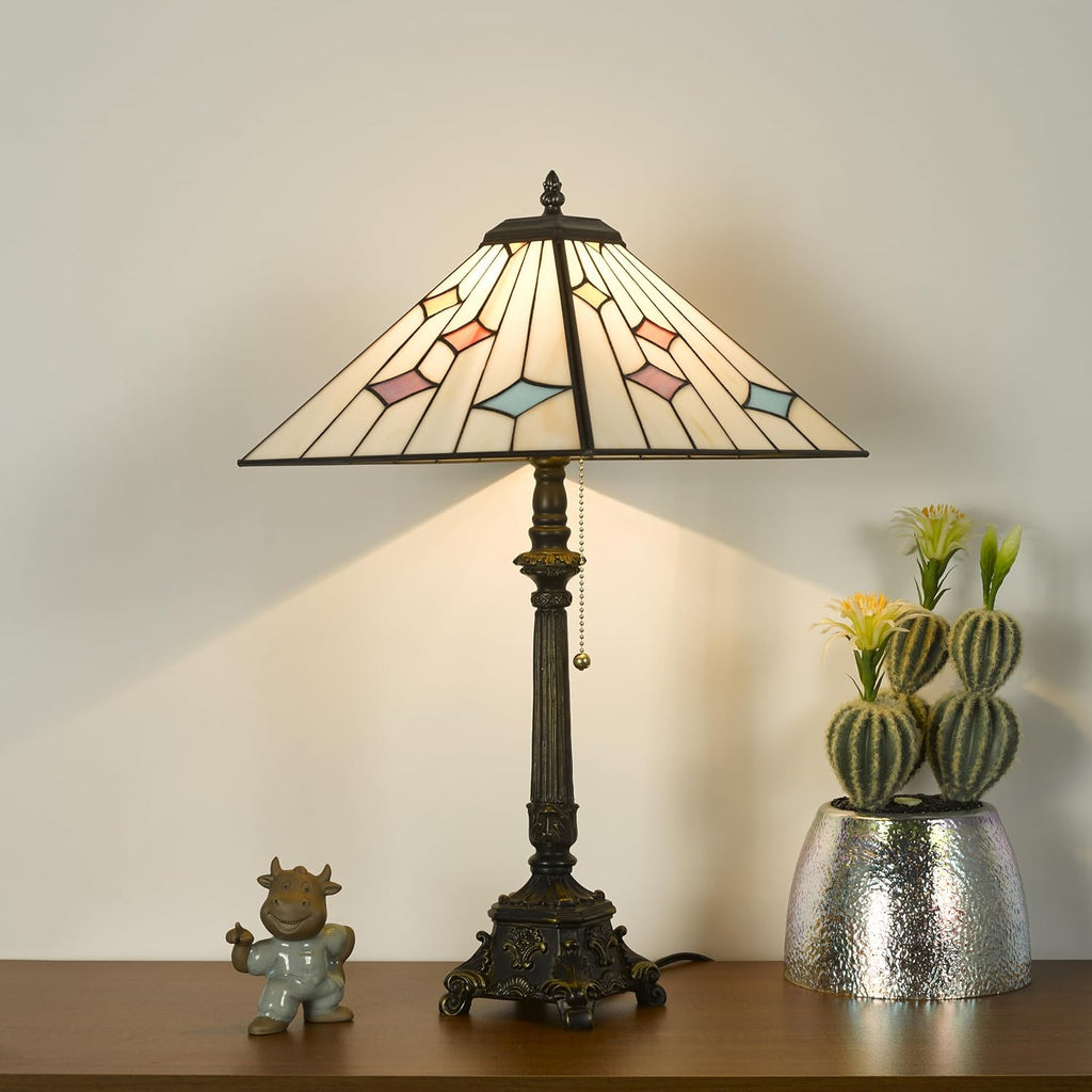 Tiffany Table Lamps White Stained Glass Stripes Checkered Style Mission Desk Lamp 12X12X24 Inch Bronze Resin Base