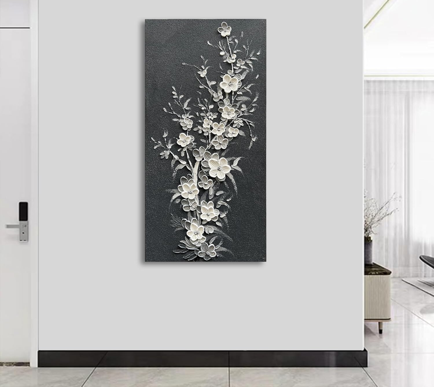 Hand Painted Modern Black and White Art Oil Painting White Plum Blossom Painting 24x48 inch Canvas Wall Art Home Wall Decorative Art