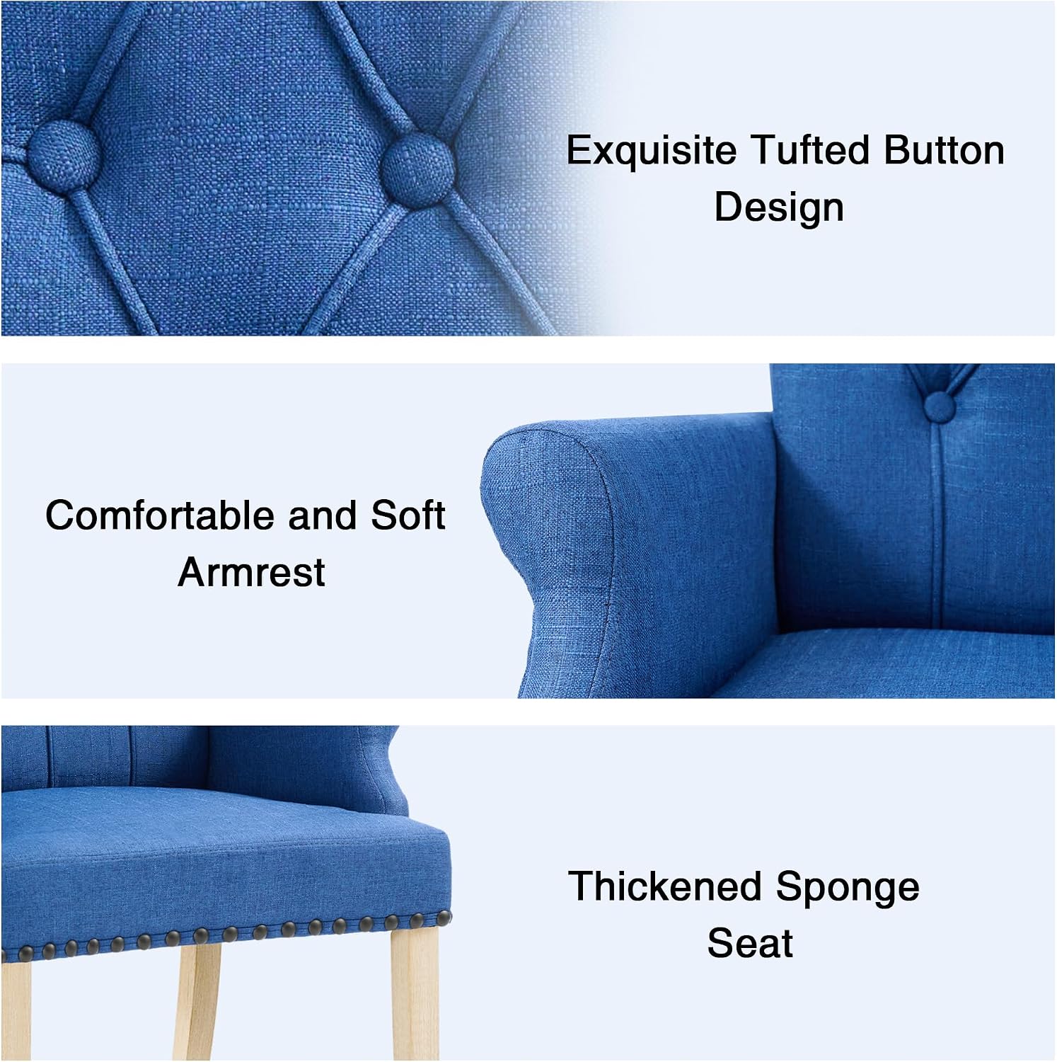 LOULENS Fabric Dining Chairs, Upholstered Tufted Armrest Chairs, Accent Chairs with Nailhead Trim, Solid Wood Legs for Home, Kitchen Living Room, Dark Blue