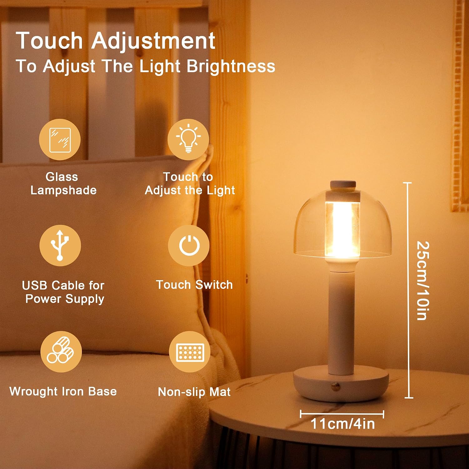JHY DESIGN 9 Pack Bedside Table Lamp 10' H 3-Color Light Dimmable Nightstand Lamp with Glass Shade Touch Control Table Lamp for Bedroom Living Room Indoors Outdoors（White,Type-C Charging）