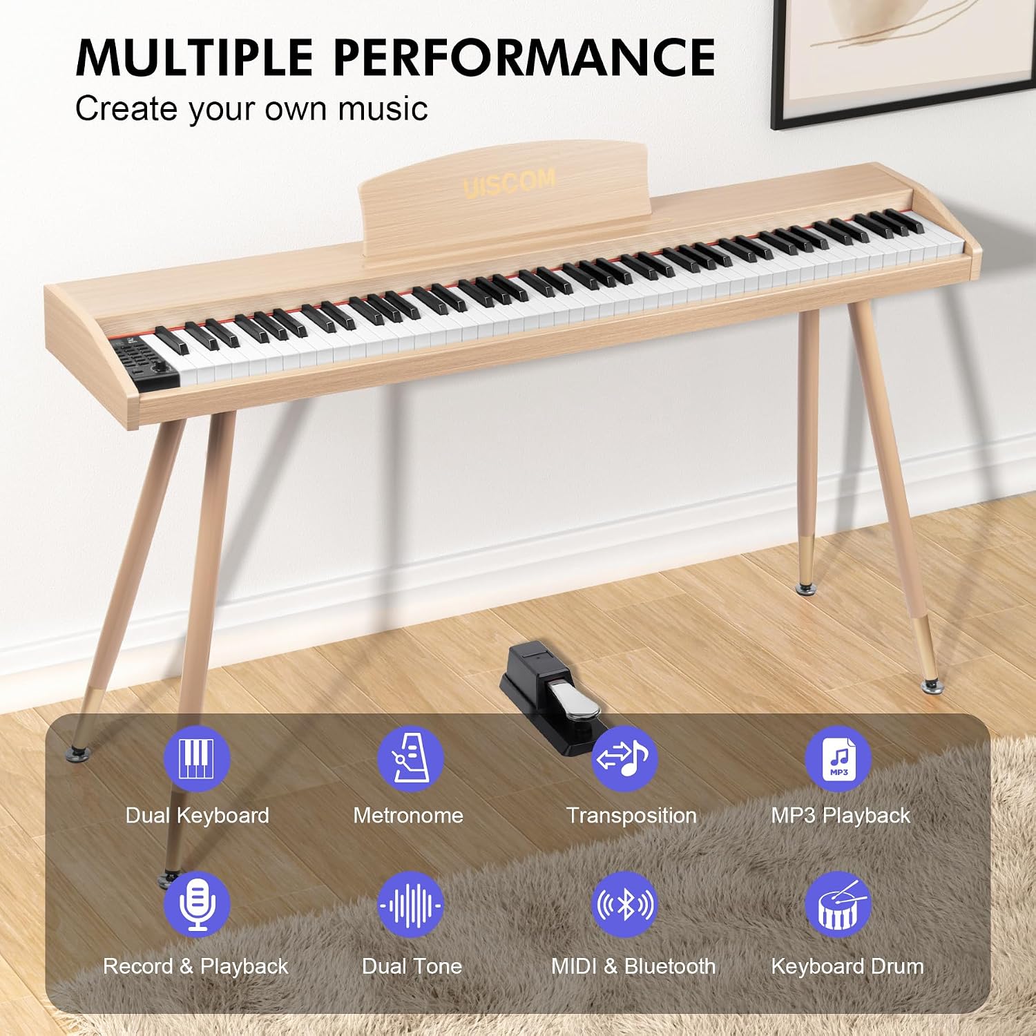 UISCOM Digital Piano Keyboard for Beginners, Full Size 88 Key Semi-Weighted Keyboard Electric Piano with Stand,Power Adapter,Sheet Music Stand,Pedal,Headphone,USB-MIDI Compatible,Wood Grain Apricot