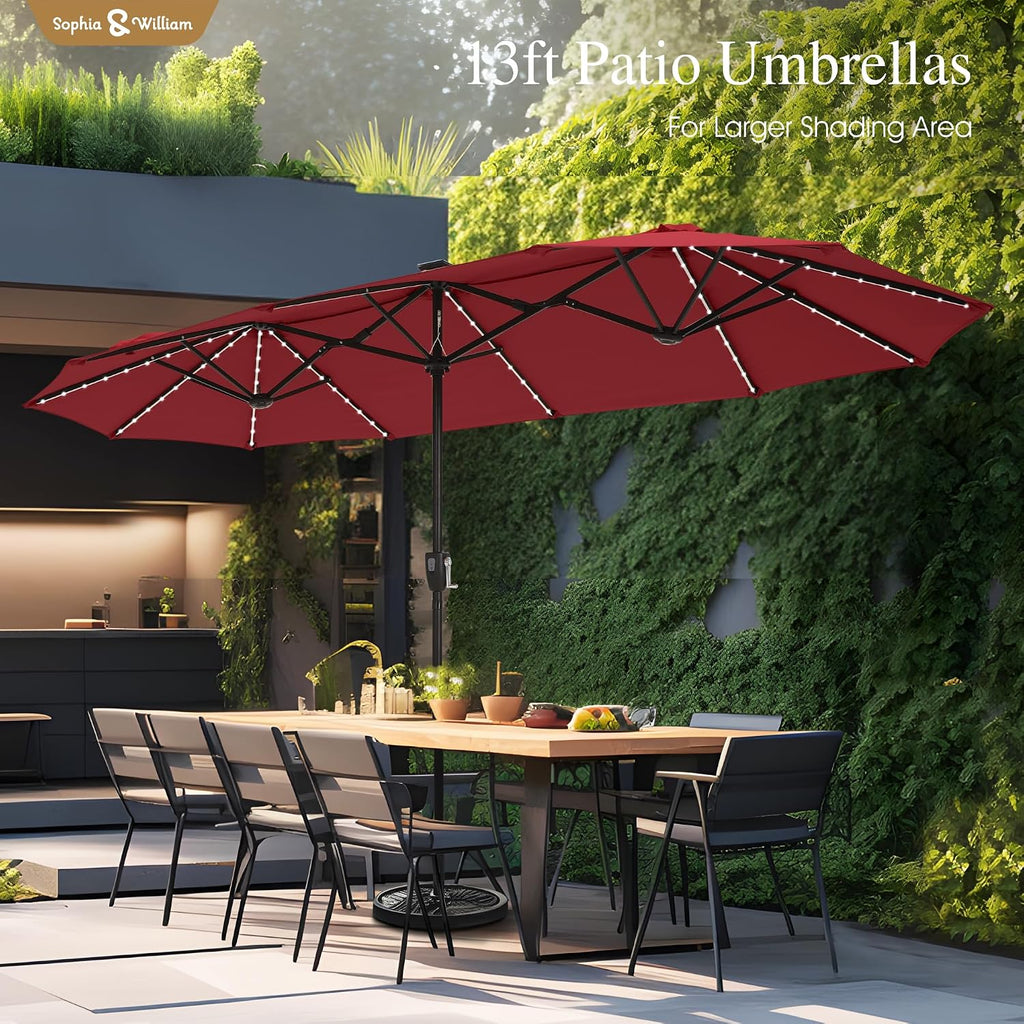 Sophia & William 13ft Outdoor Patio Umbrella with Solar Lights, Large Double-sided Umbrella with LED Lights, Perfect for Garden, Deck, Pool, Burgundy