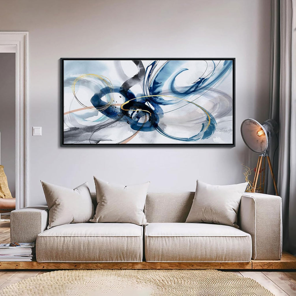 KLAKLA Large Wall Art for Living Room - Abstract Wall Decor Framed Picture Artwork for Wall Decorative Paintings Blue and White Modern Office Bedroom Art