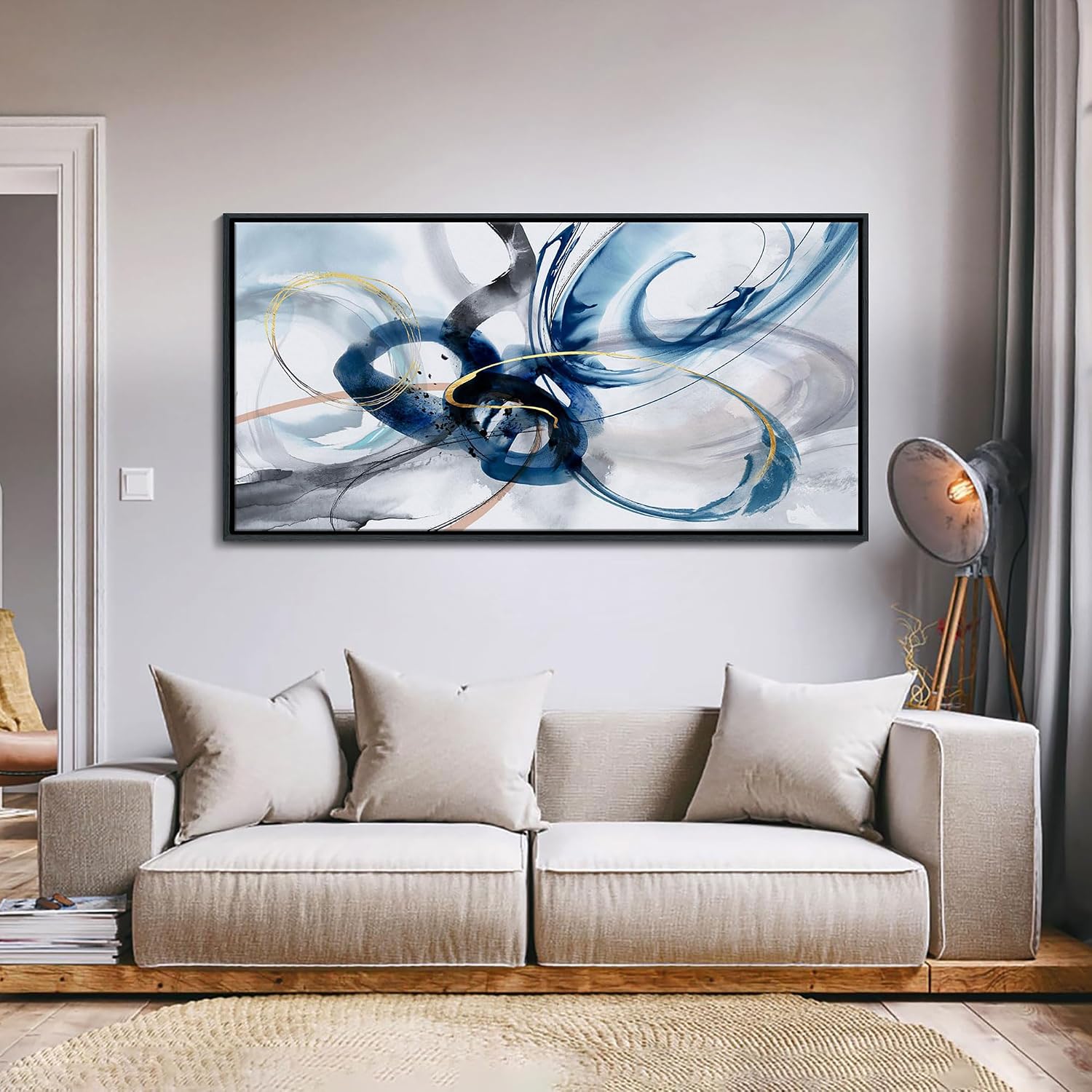 KLAKLA Large Wall Art for Living Room - Abstract Wall Decor Framed Picture Artwork for Wall Decorative Paintings Blue and White Modern Office Bedroom Art