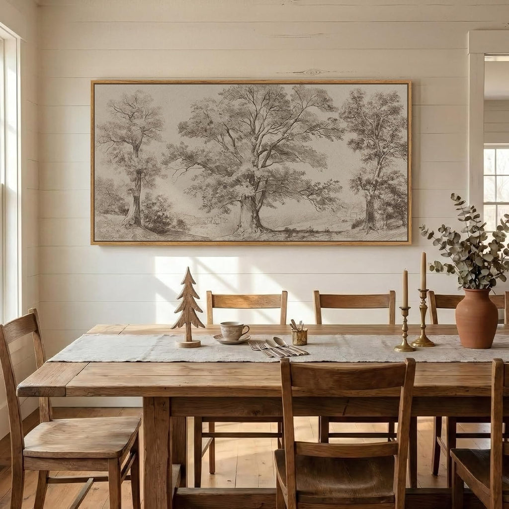 Framed Vintage Landscape Canvas Wall Art for Living Room, Extra Large Horizontal Rustic Tree Botanical Picture Prints Paintings, Neutral Wabi Sabi Artwork Decor for Bedroom Entryway 60x30 Inch