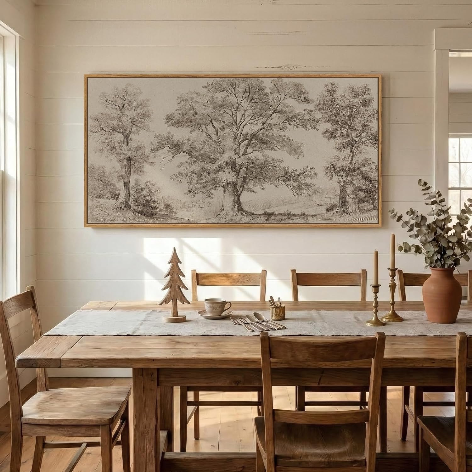 Framed Vintage Landscape Canvas Wall Art for Living Room, Extra Large Horizontal Rustic Tree Botanical Picture Prints Paintings, Neutral Wabi Sabi Artwork Decor for Bedroom Entryway 60x30 Inch